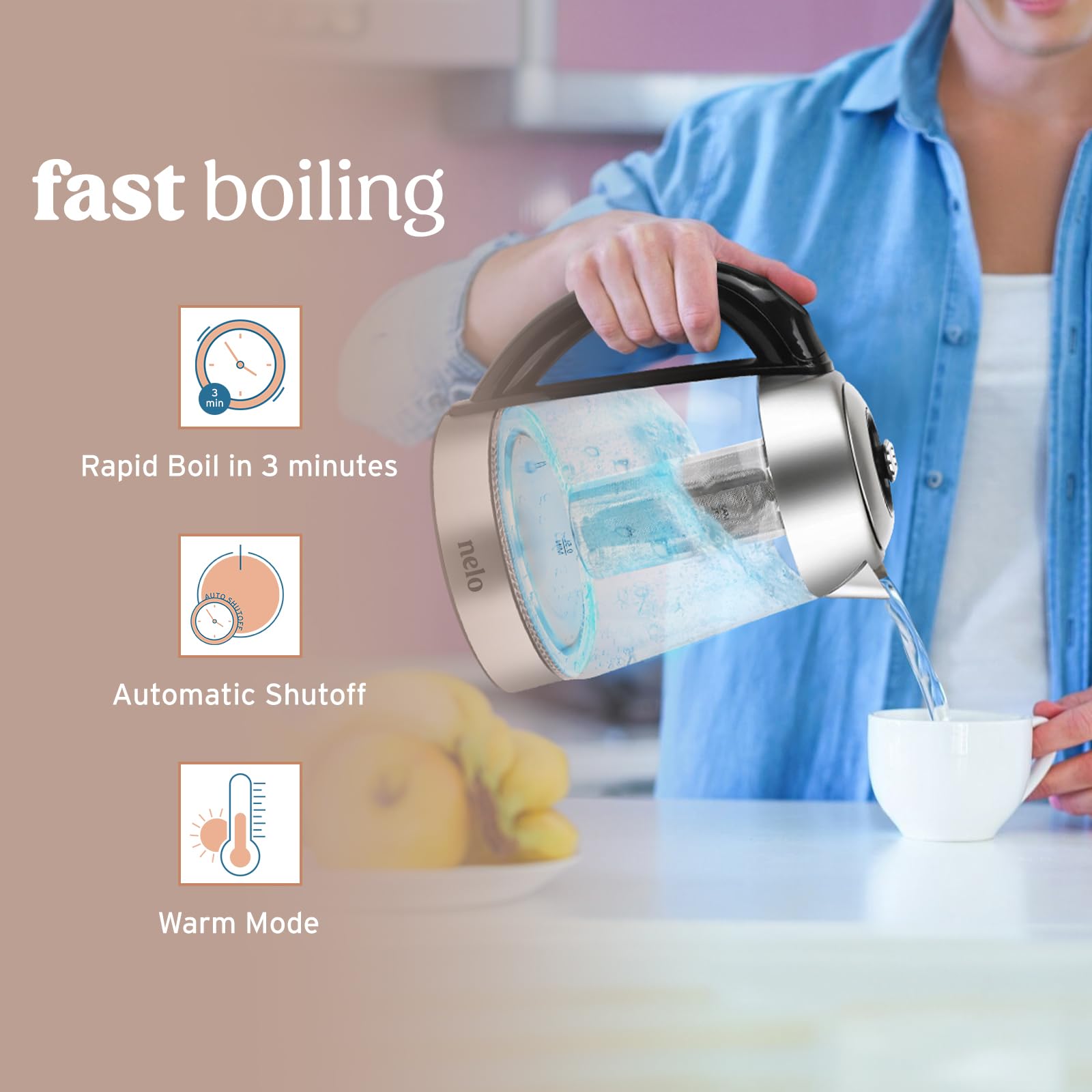 Kettle boiling water at 1100W for fast tea and coffee prep