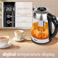 Glass NELO kettle with digital temperature display showing presets
