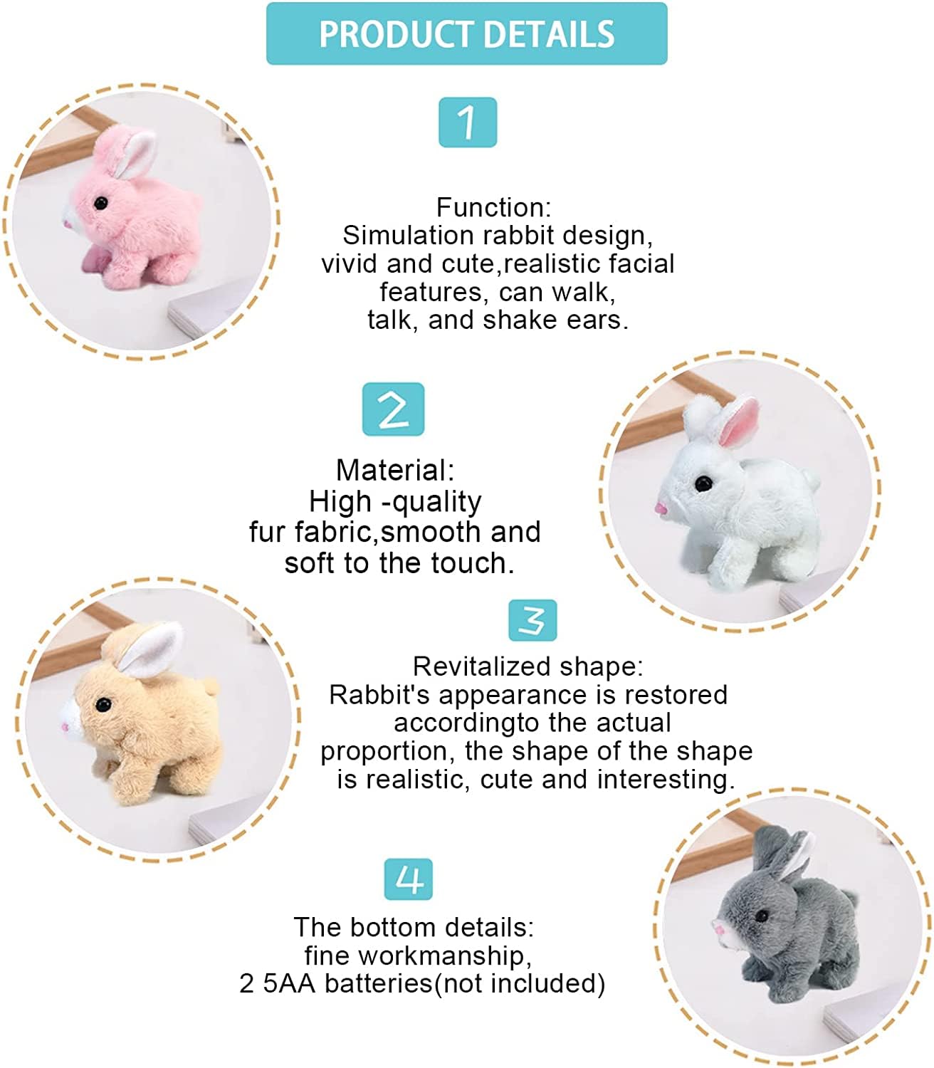 Bunny toy tummy battery compartment for 2 AA batteries (not included)