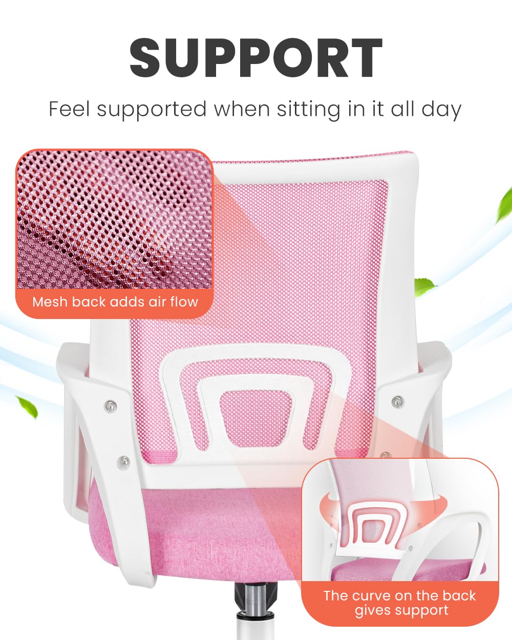 pink desk chair with lumbar support and mesh back