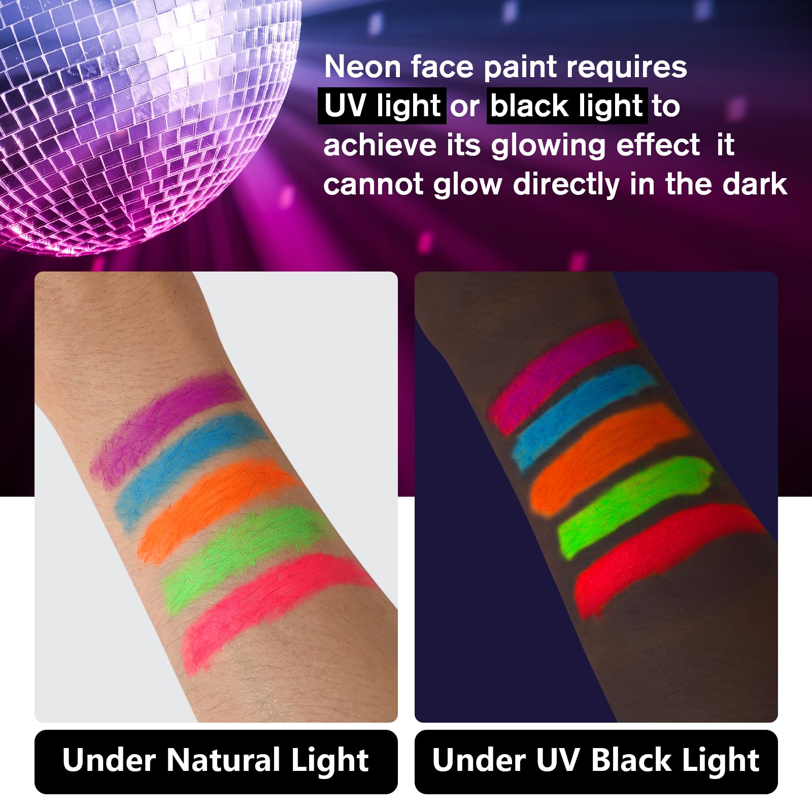 Neon glow makeup set activated by UVA 320-400nm