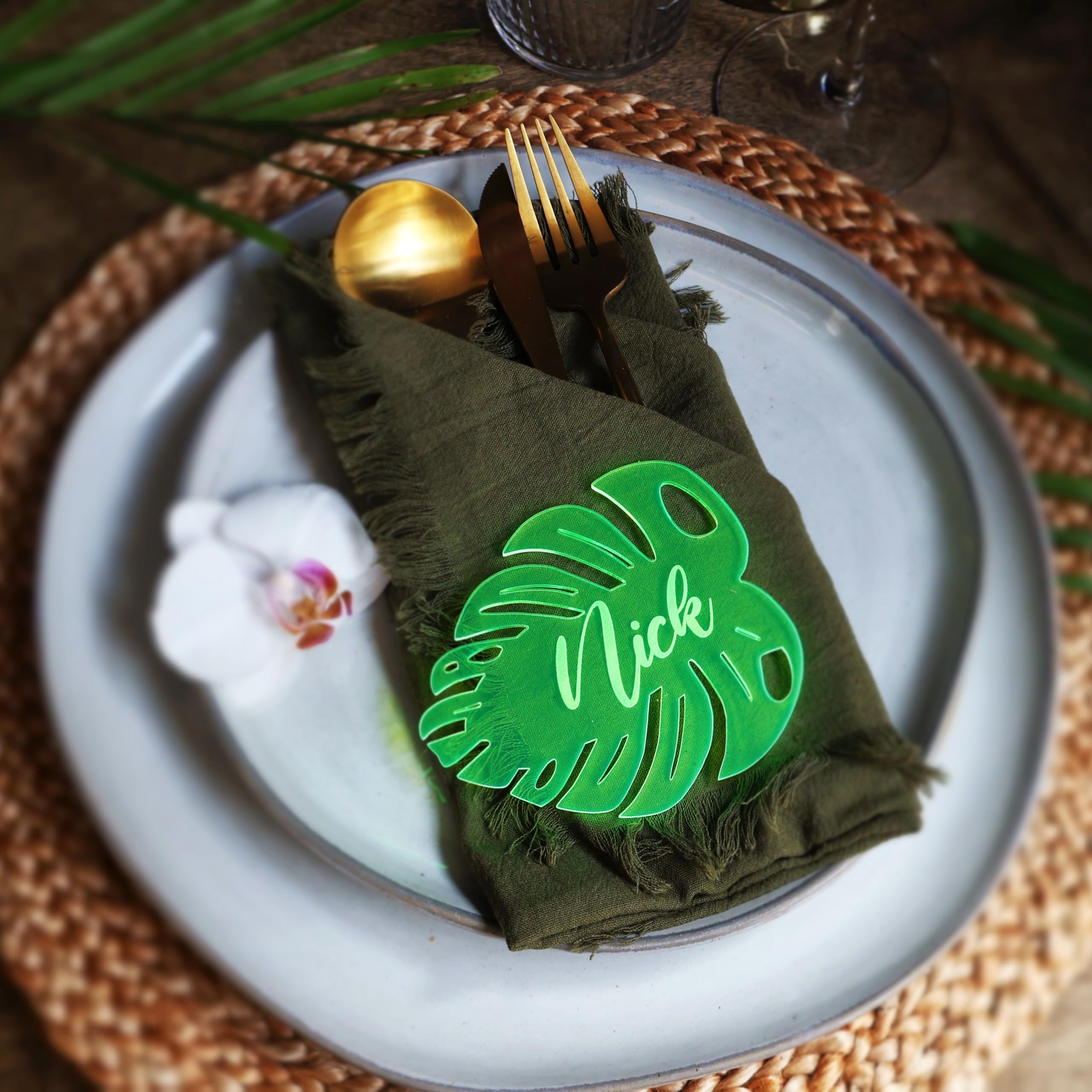 Monstera leaf name tag with neon green acrylic finish
