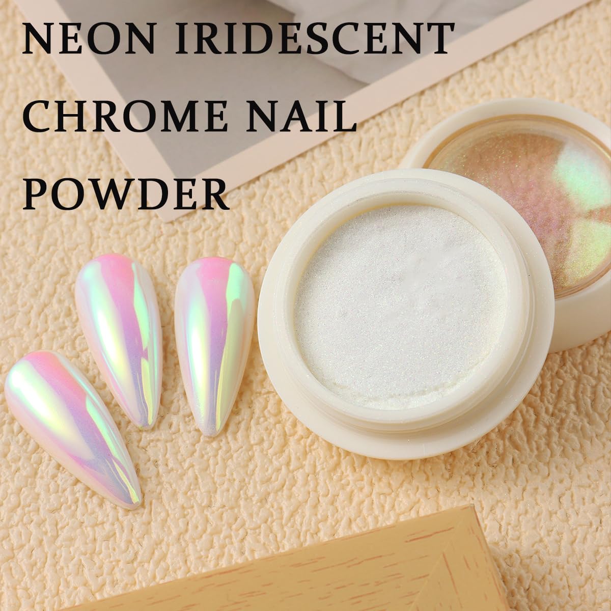 Nail art with unicorn chrome powder in a professional setting