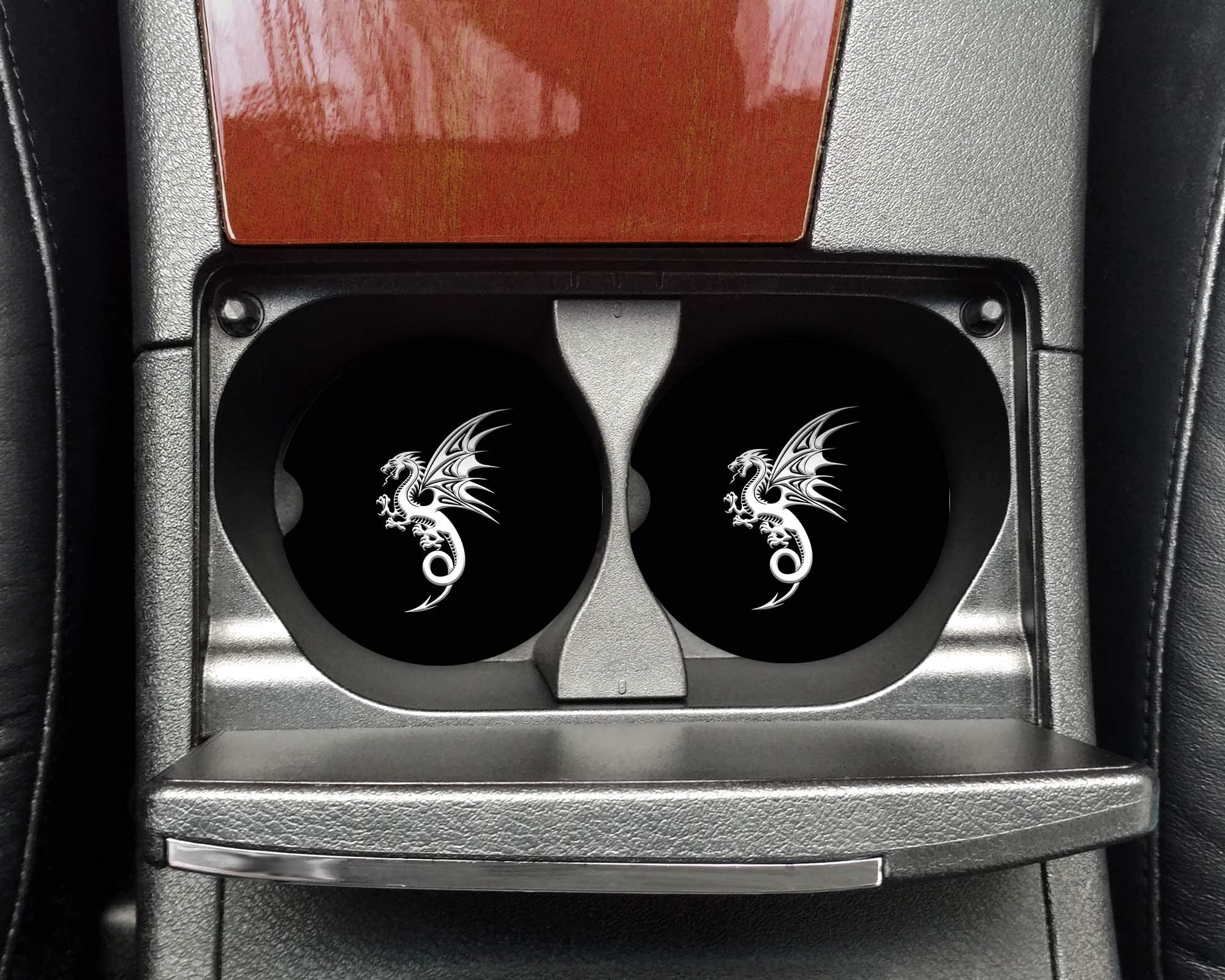 Black and white dragon neoprene coaster with rubber bottom