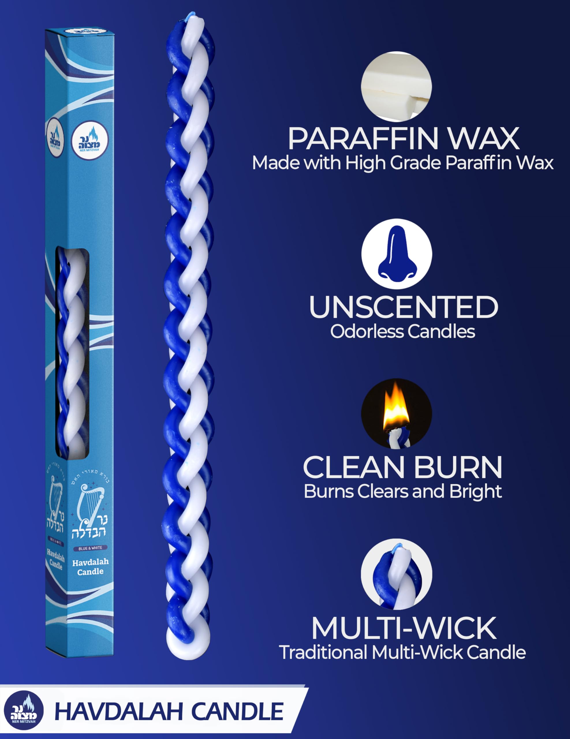 Round blue and white paraffin Havdalah candle Ner Mitzvah