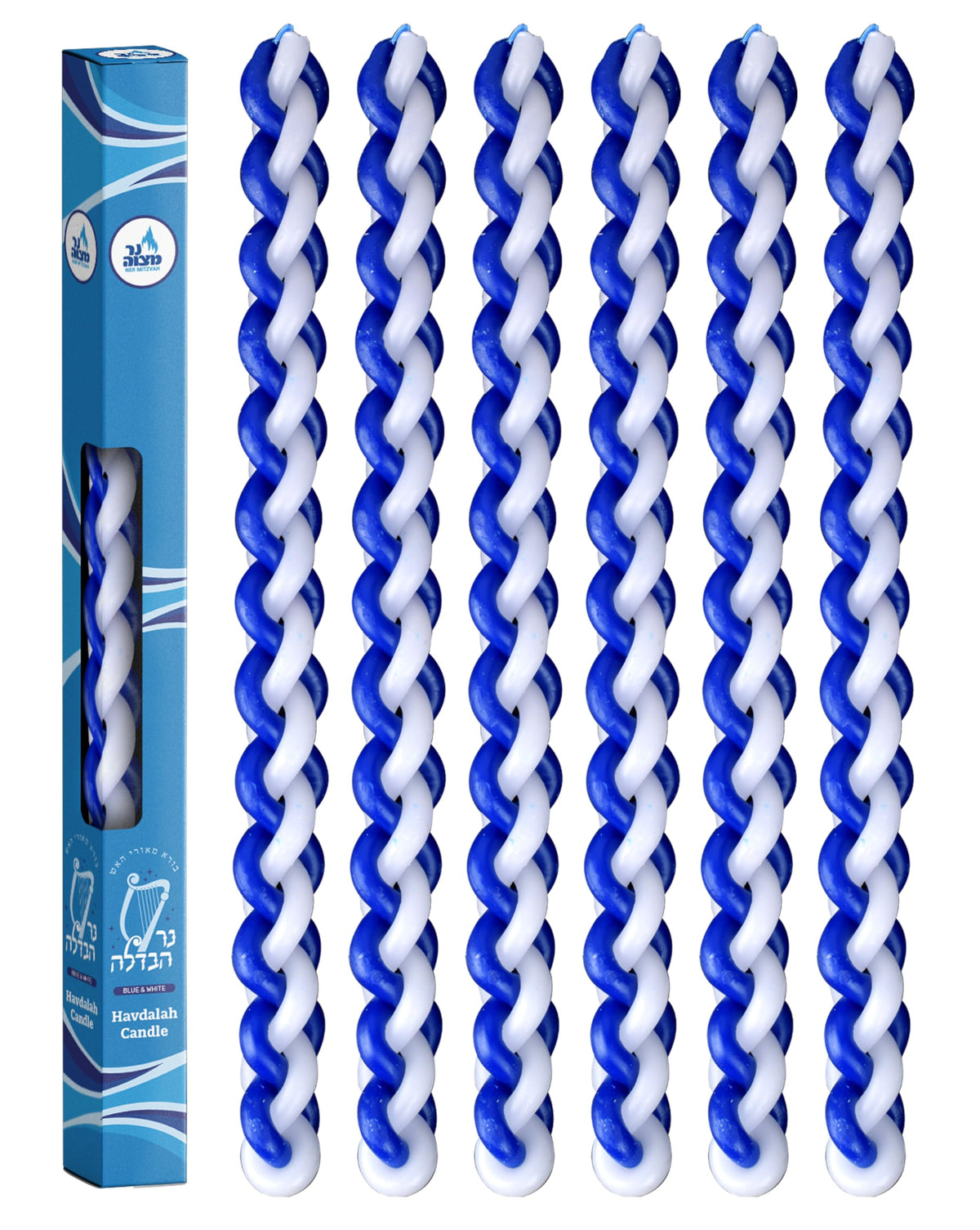 Ner Mitzvah Braided Havdalah Candle 6-pack blue and white