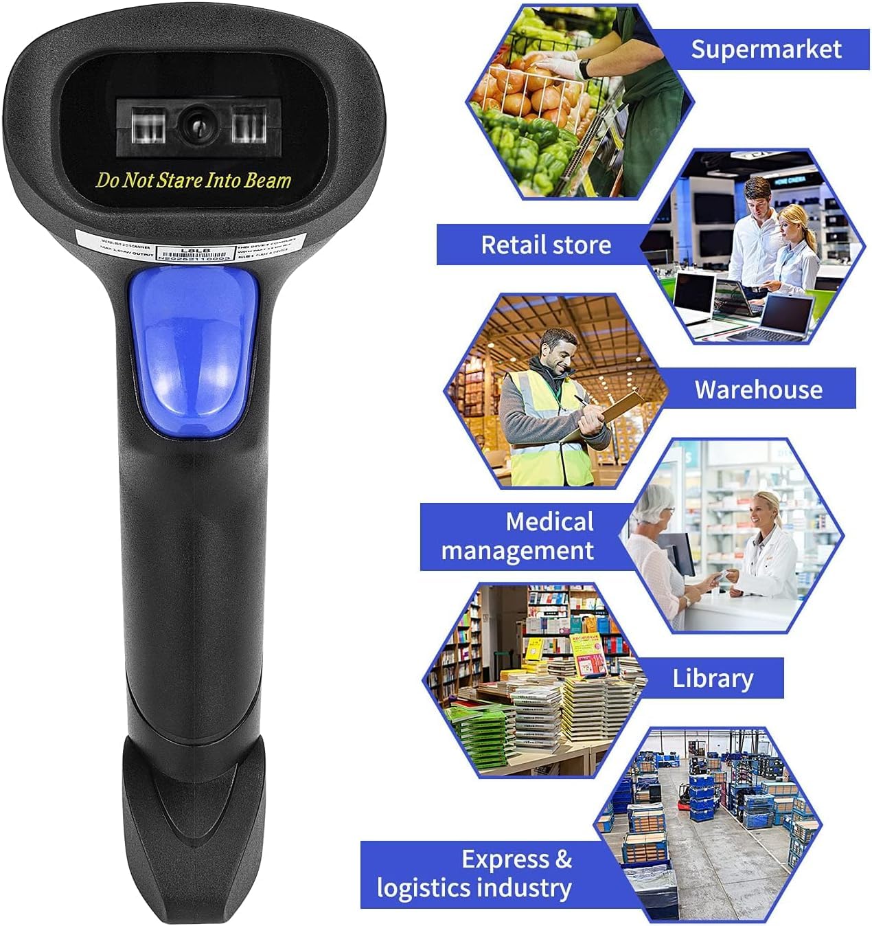 Retail use showing NetumScan 1D barcode scanner reading a UPC code