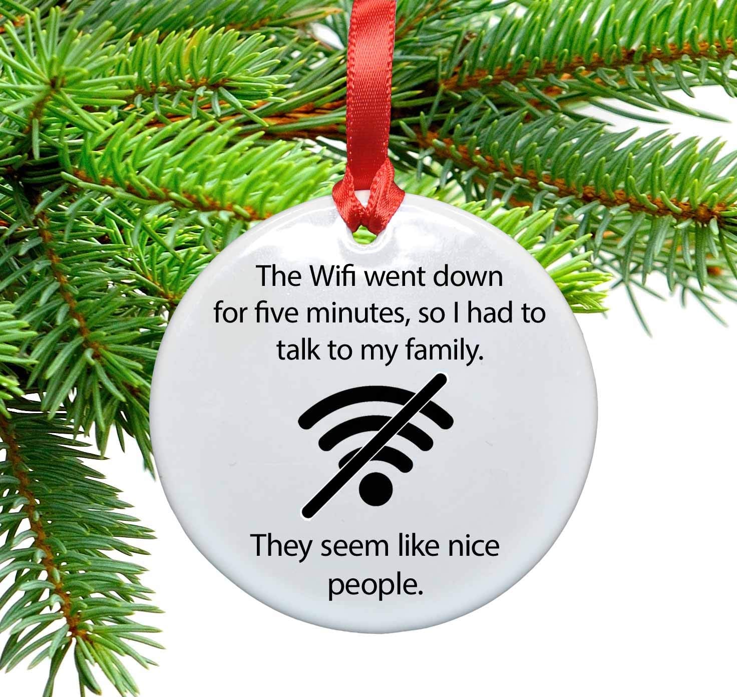 Round 2.85 inch diameter ceramic ornament with red satin ribbon for hanging