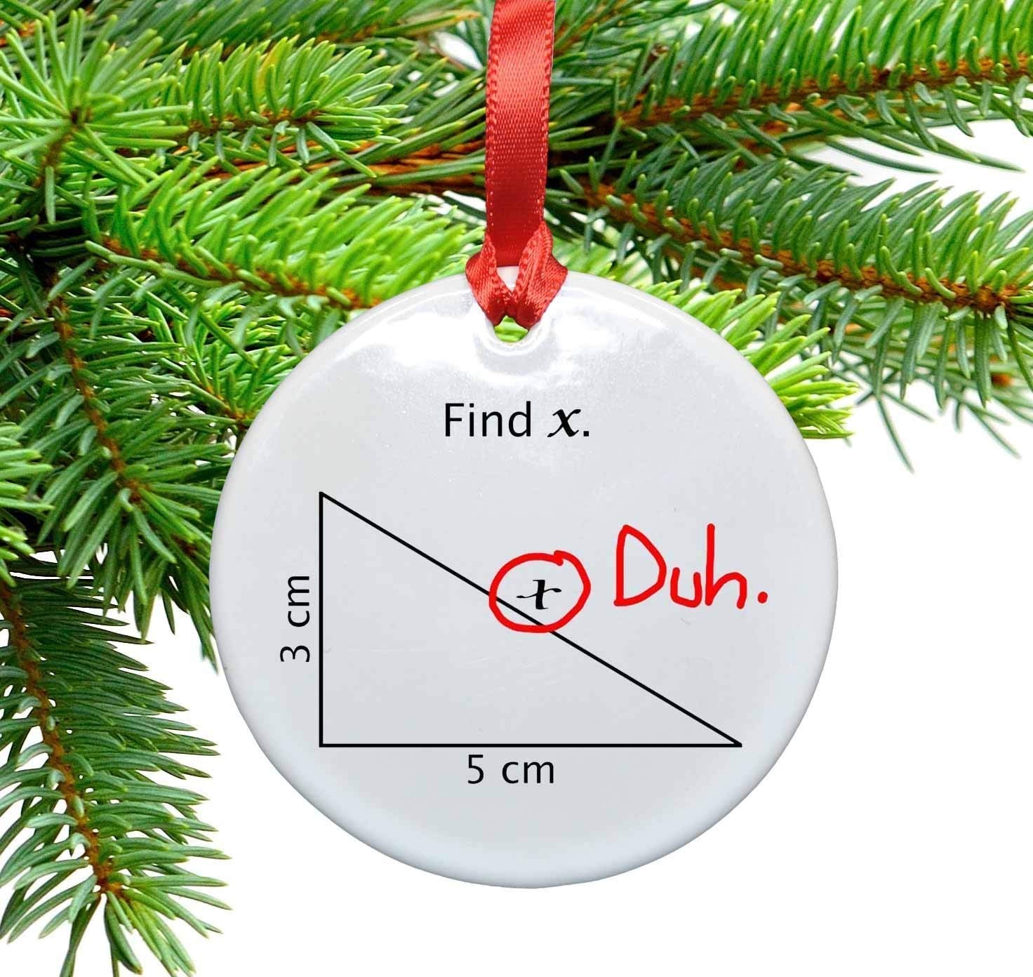 White ceramic ornament with red satin ribbon and black velvet gift bag by Neurons Not Included