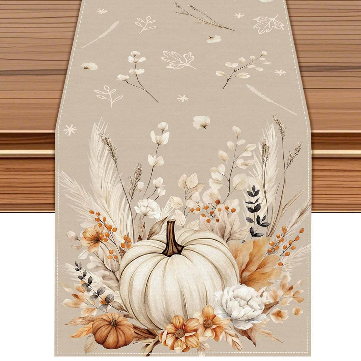 Neutral Fall Pumpkin Table Runner featuring a cream pumpkin and pampas grass