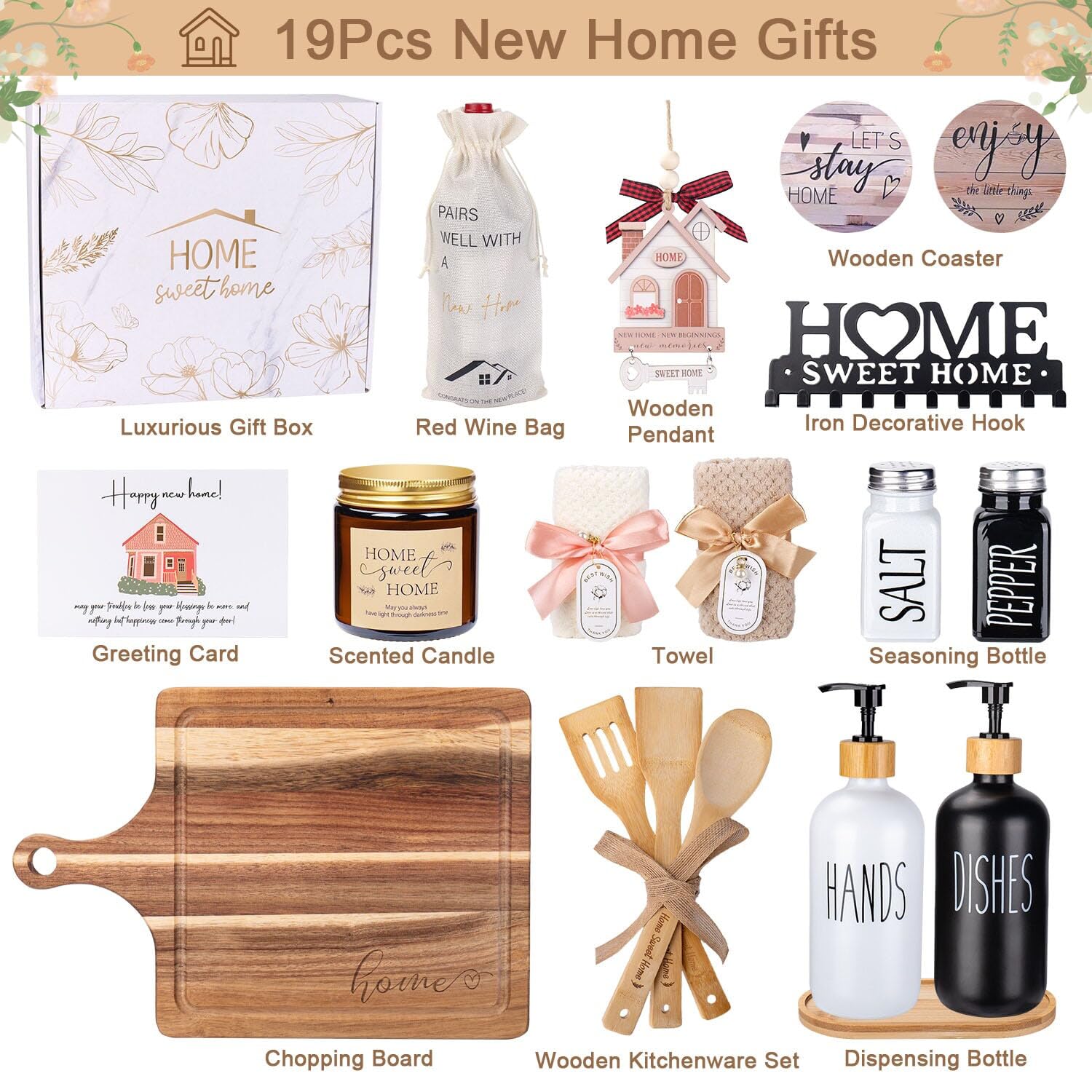 New Home gift box with wooden chopping board and kitchenware