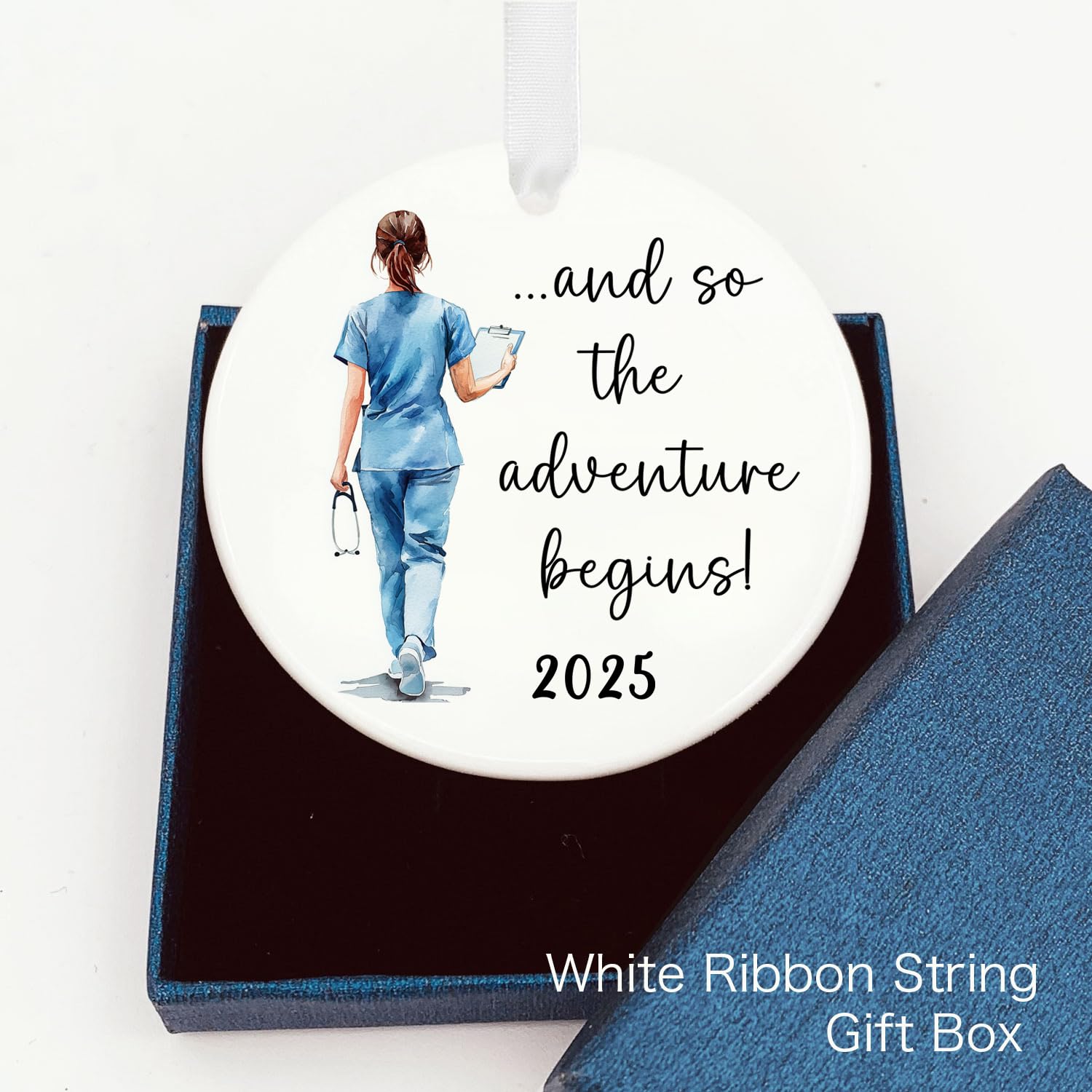 Nurse ornament with gold and white hanging string