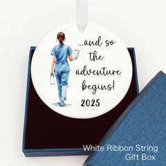 Nurse ornament with gold and white hanging string