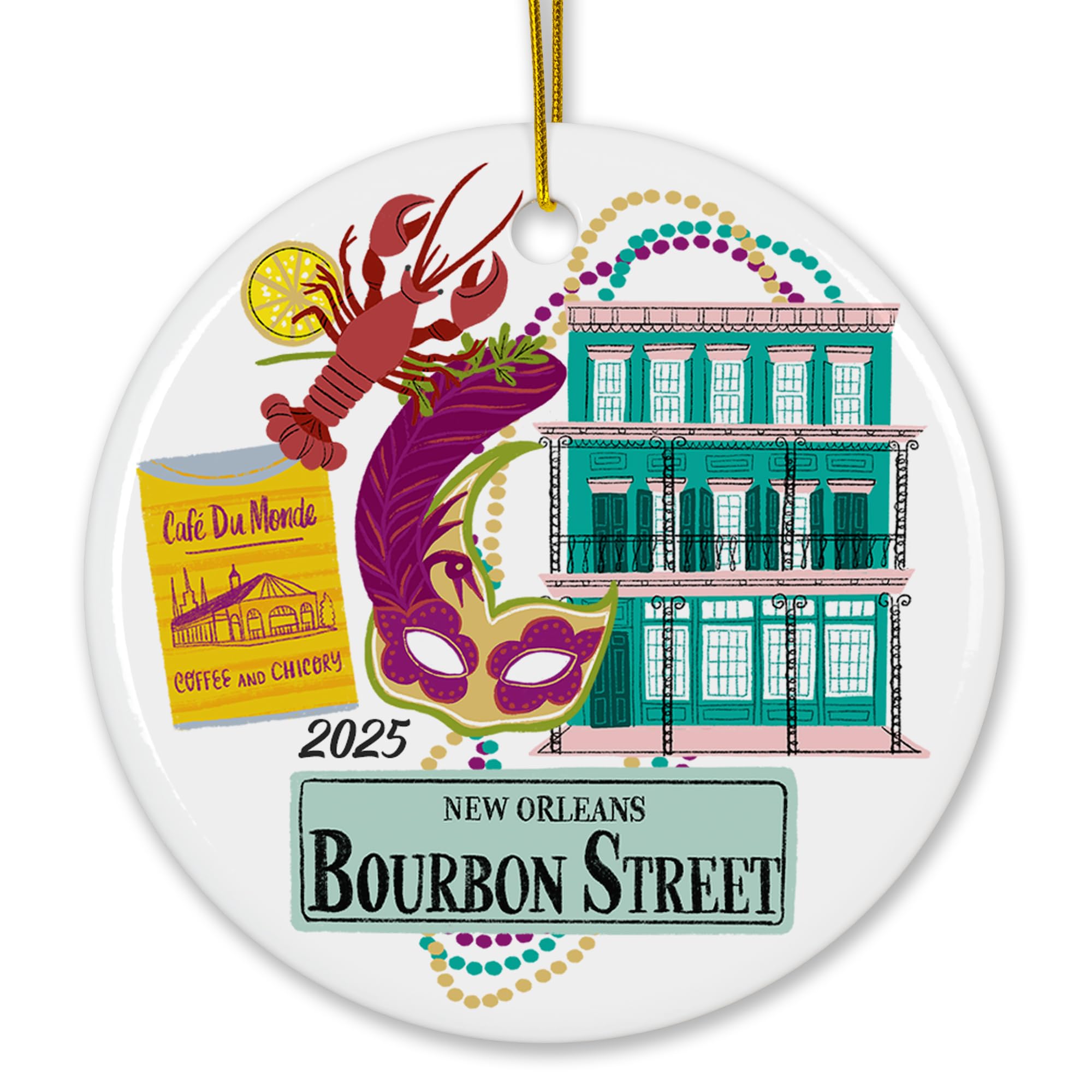 New Orleans Bourbon Street Carnival Mask Christmas Ornament front print 3-Inch ceramic