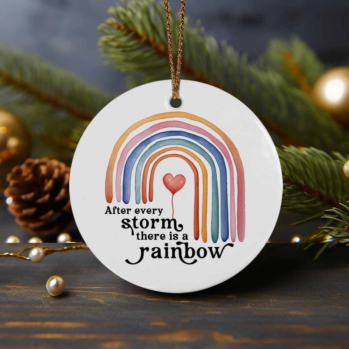 Newborn gift rainbow ornament with golden hanging string