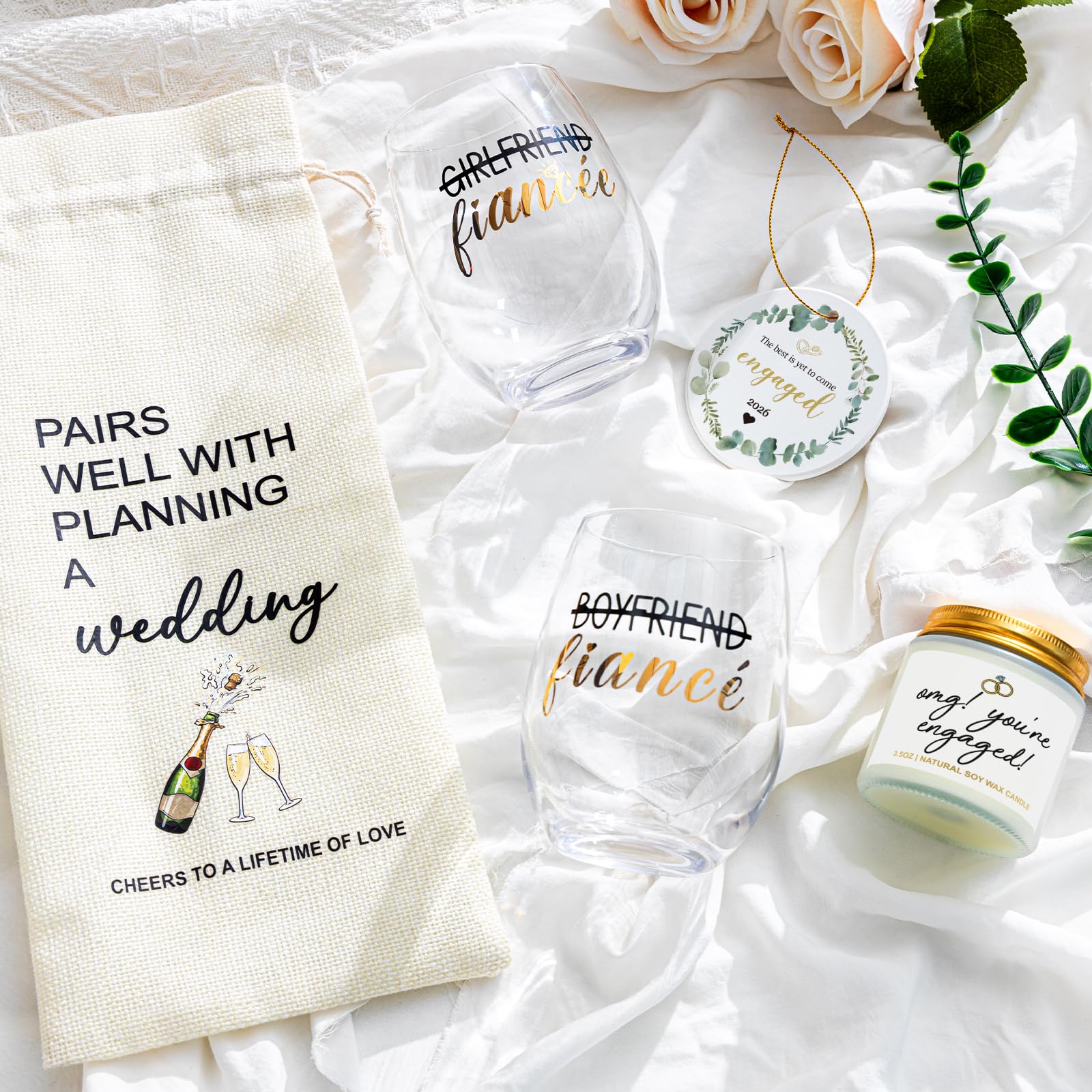Newly engaged fiancé gifts for her and him wine glass set