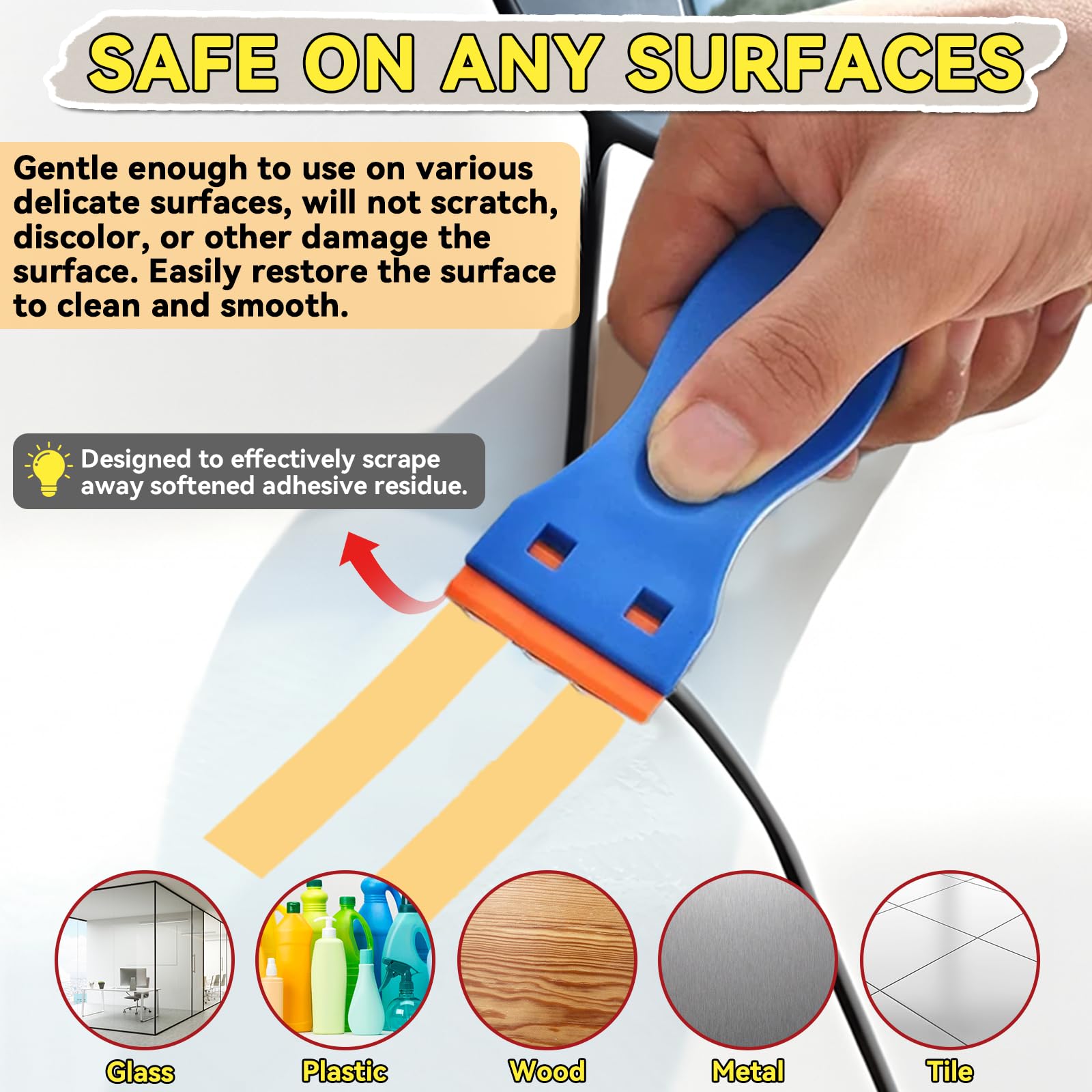 Removes tape residue gum wax on multiple surfaces