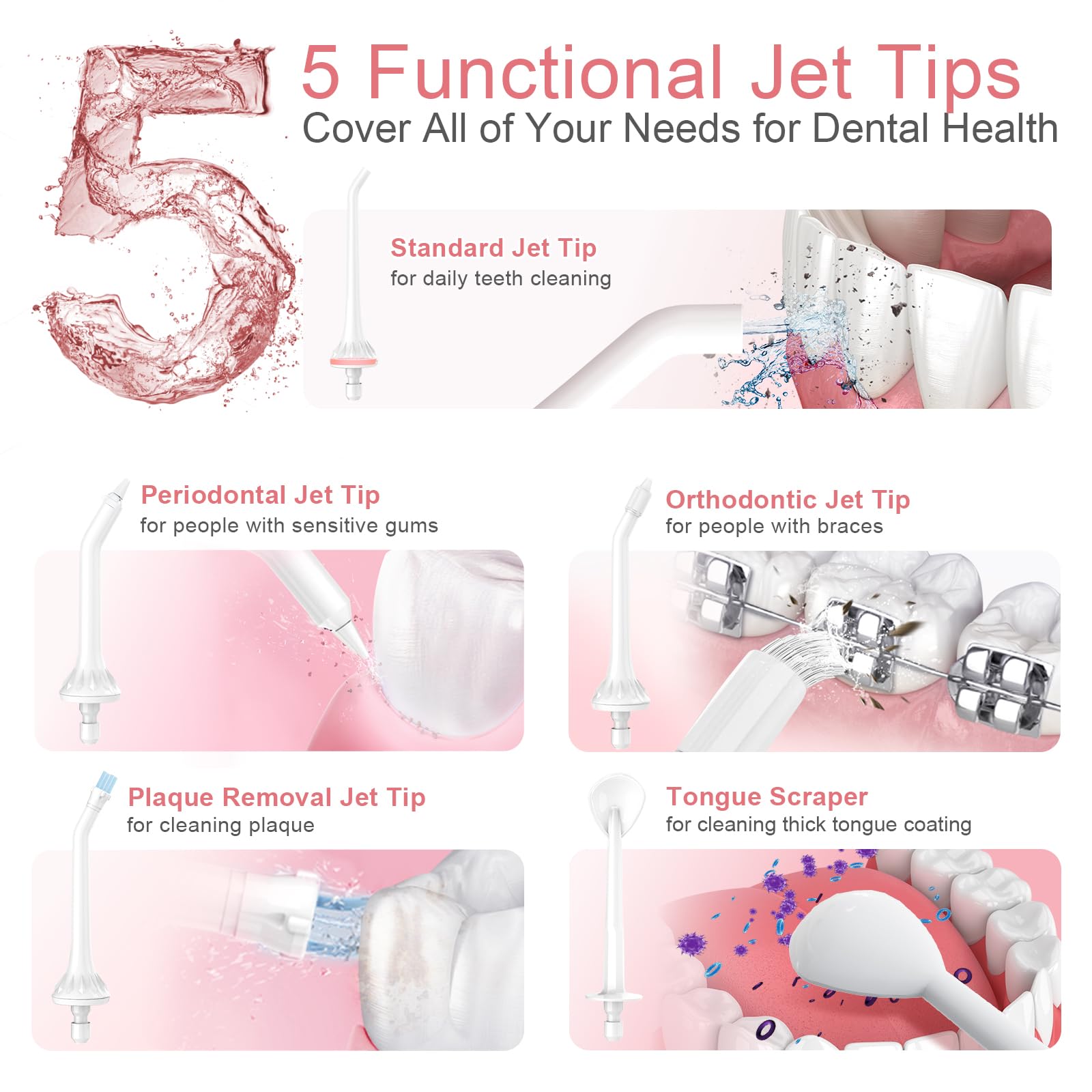 Five jet tips included with flosser