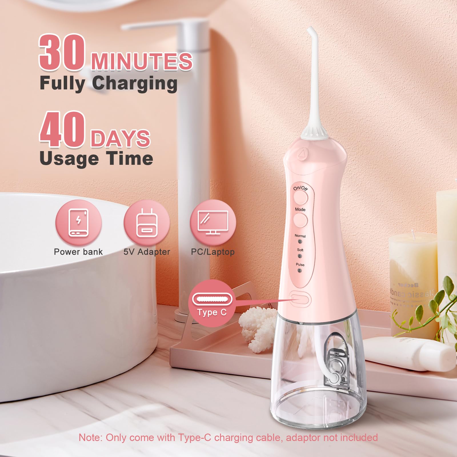 Type-C charging cable included with flosser