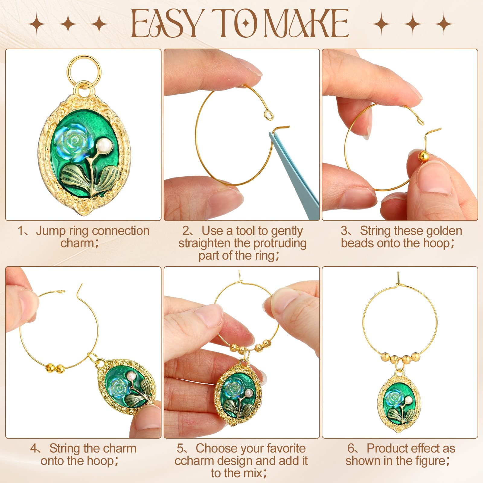 Nickel-free KC gold wine charms with rings and beads