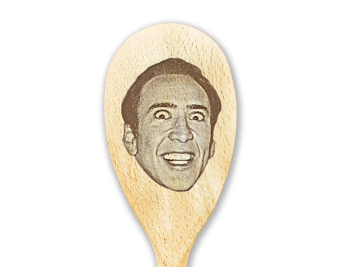 Nicolas Cage face laser engraved on wooden spoon