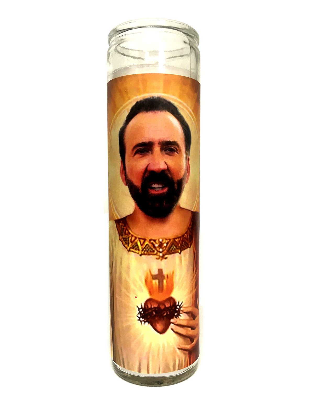Nicolas Cage parody devotional candle white 8 inch traditional glass candle