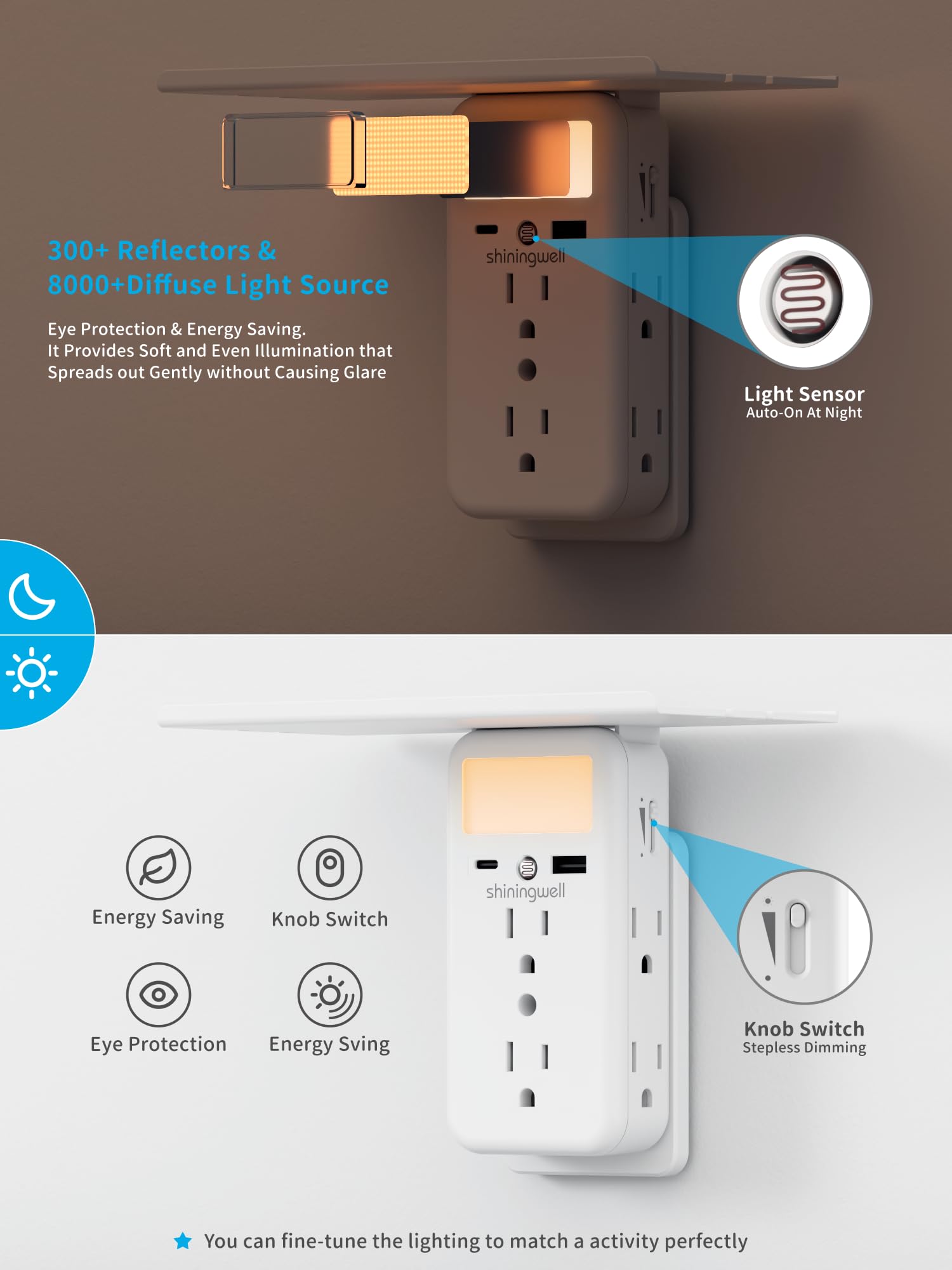 Night light feature on wall outlet extender providing dimmable illumination