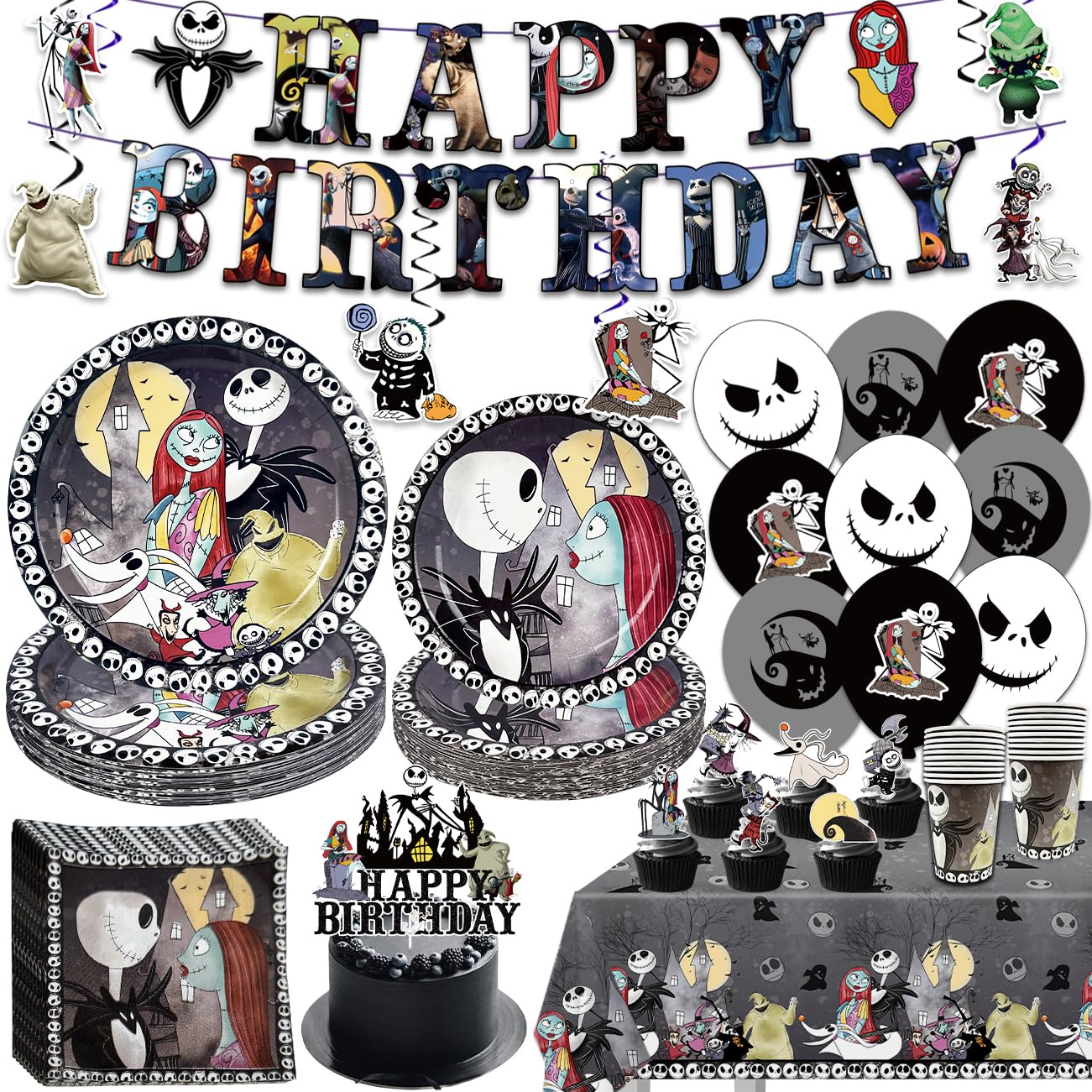 banner and hanging swirls included in Nightmare Christmas Halloween Birthday Decorations Tableware Set