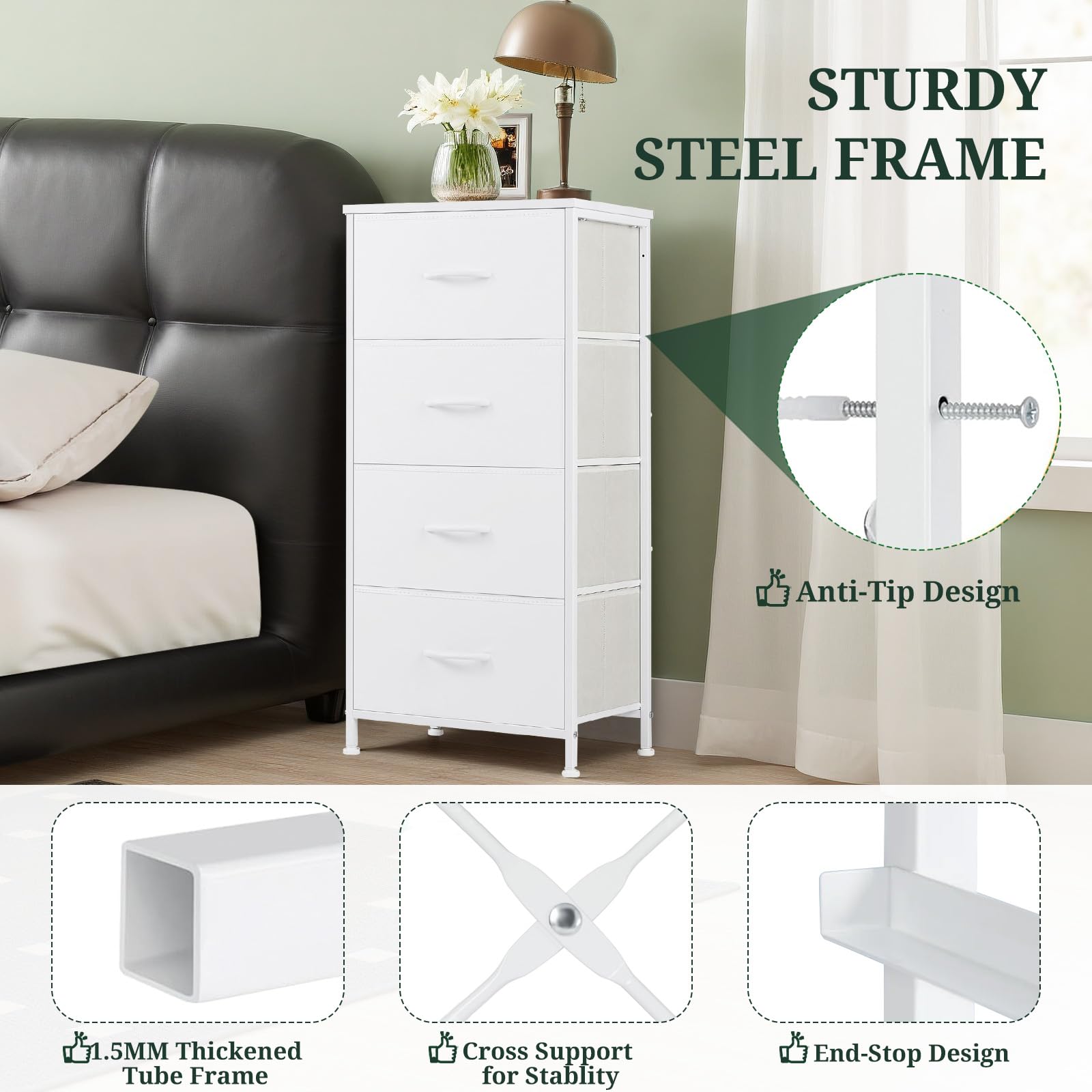 Anti-tip kit and stability feet on nightstand