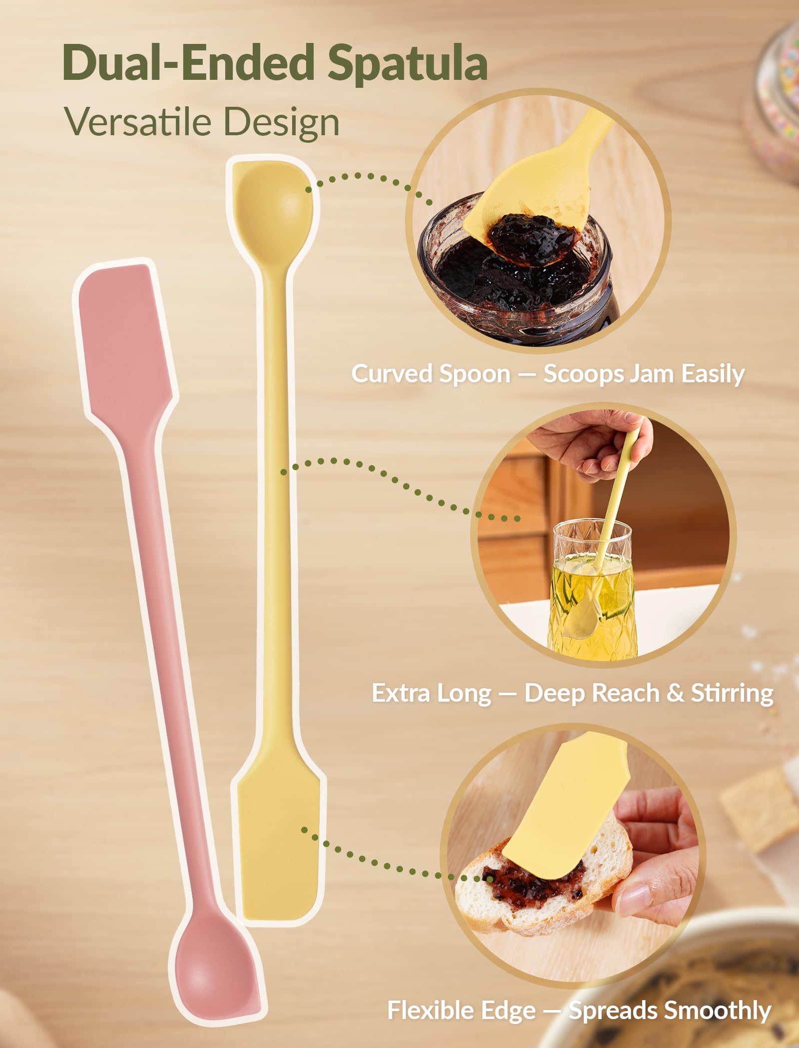Two long NiHome spatulas yellow and pink for deep jars