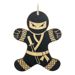 Ninja Gingerbread Man Christmas Ornament Black on birch wood