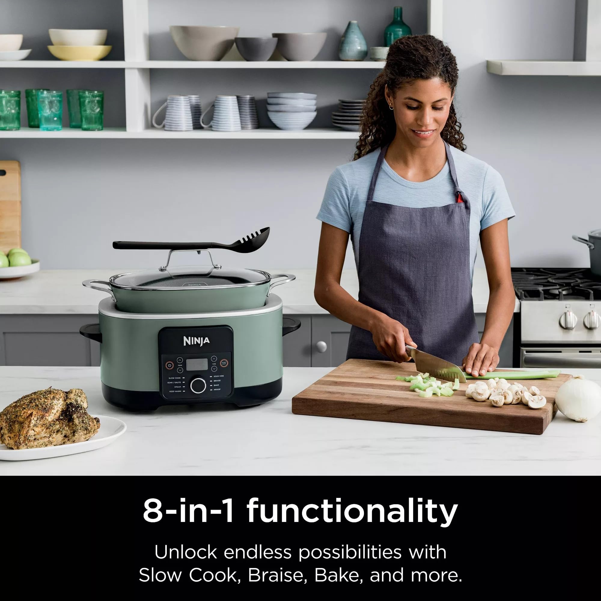 Sage Green Renewed Ninja multi-cooker on kitchen counter