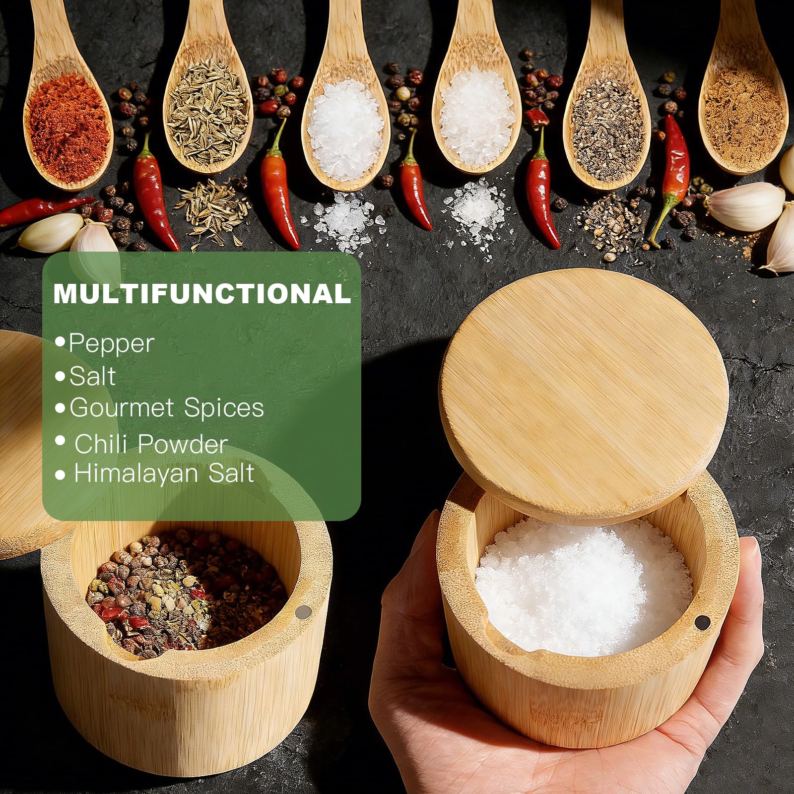 Compact countertop bamboo salt cellar with spoon