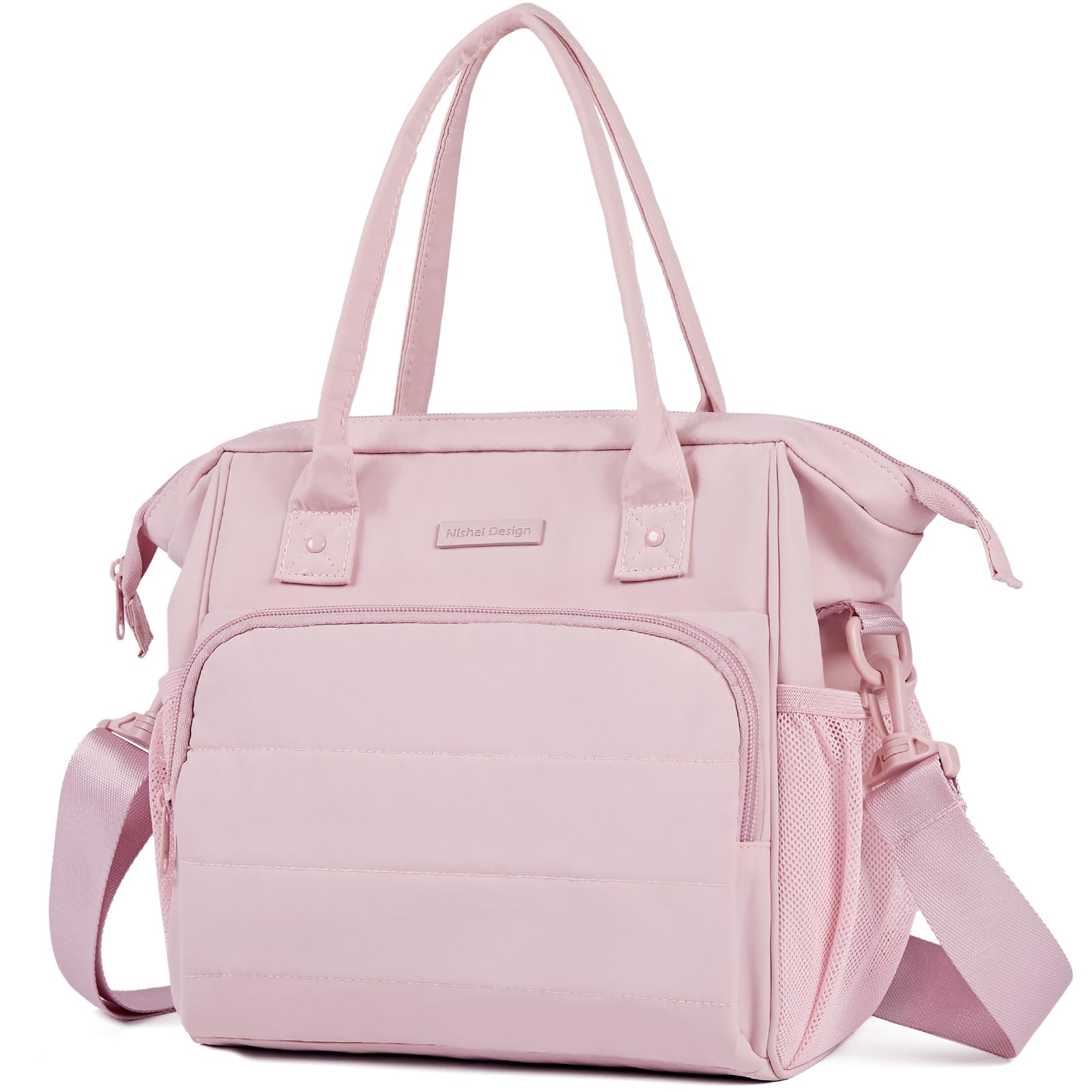 NISHEL Insulated Tote Lunch Bag for Women pink with soft Taslon exterior