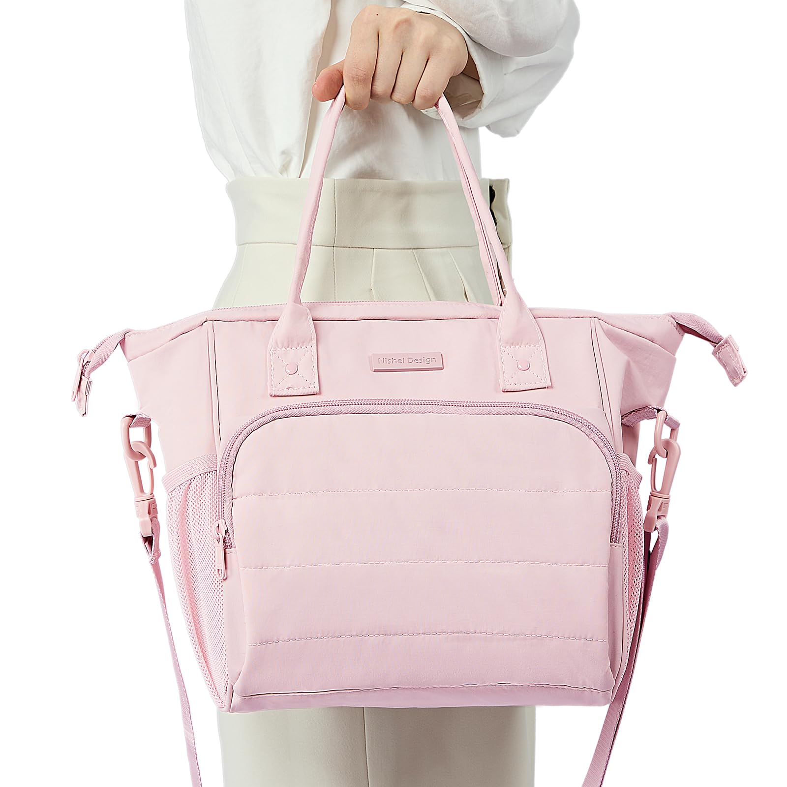 Side mesh pocket and interior dividers in NISHEL tote lunch bag pink