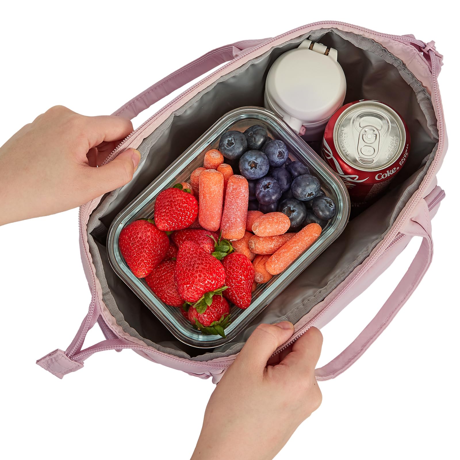 Front view of NISHEL lunch bag showing multi-pocket design pink