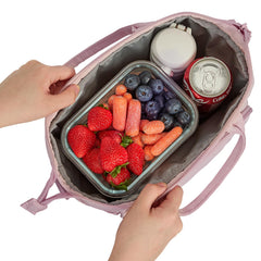 Front view of NISHEL lunch bag showing multi-pocket design pink