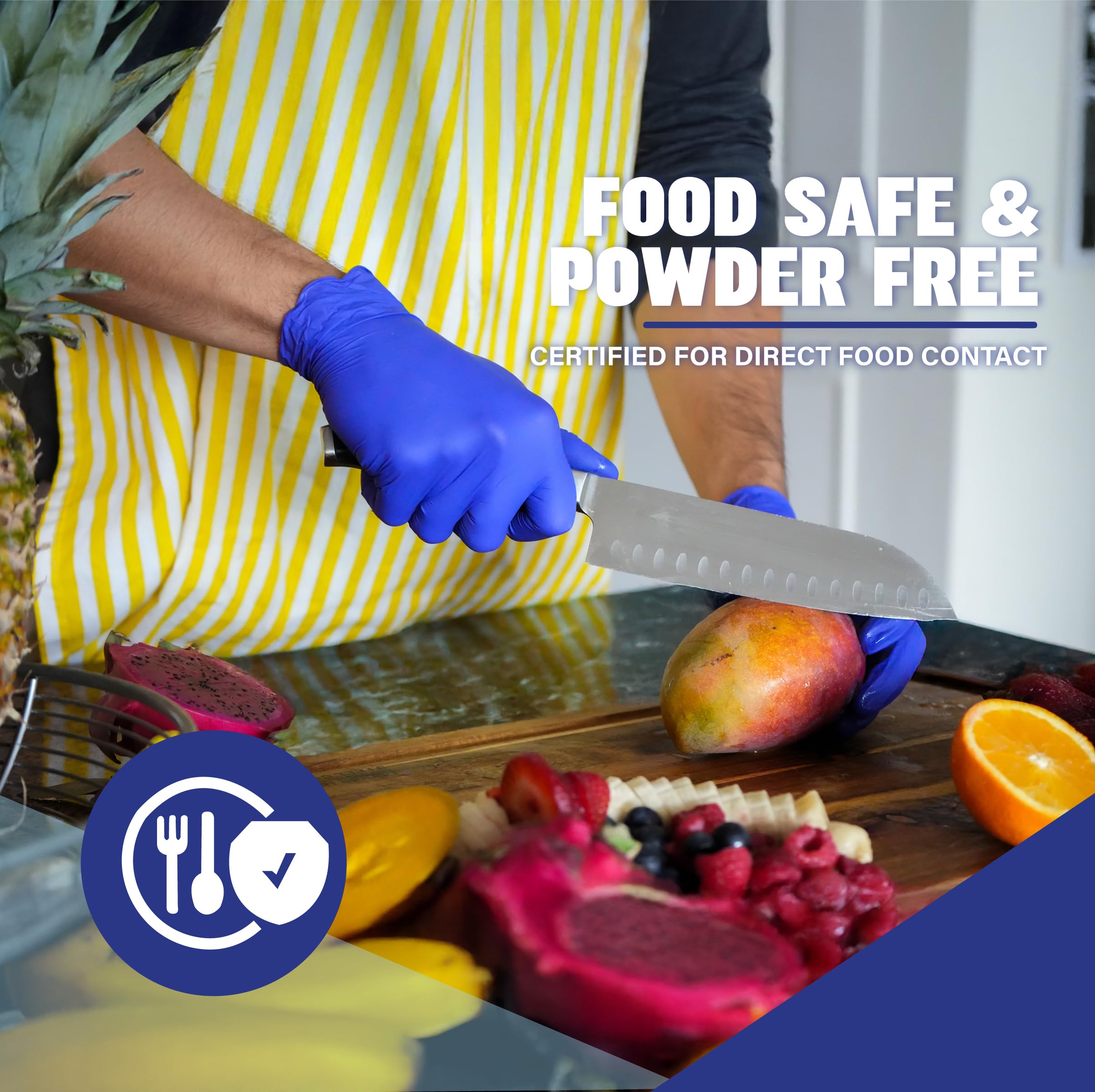 London Labs cobalt blue nitrile gloves for medical and food service