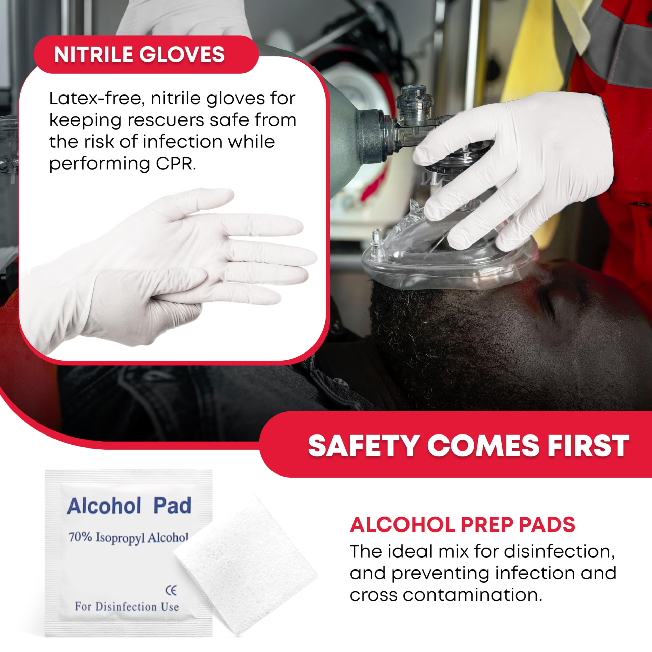 Nitrile gloves and alcohol prep pads included in kit