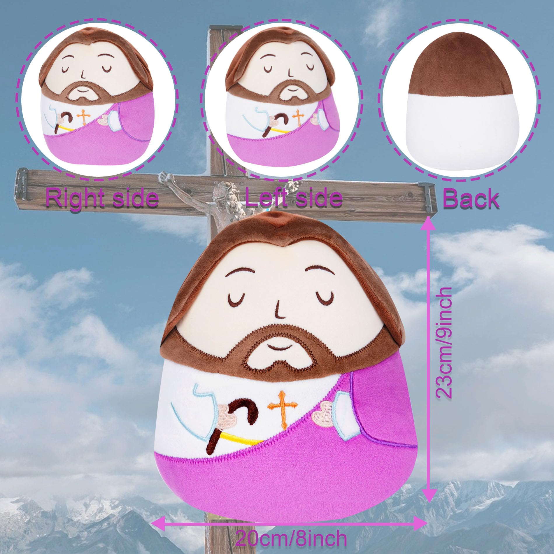 Jesus plush pillow cross emblem hair and eyes detail NIUBEHOHO
