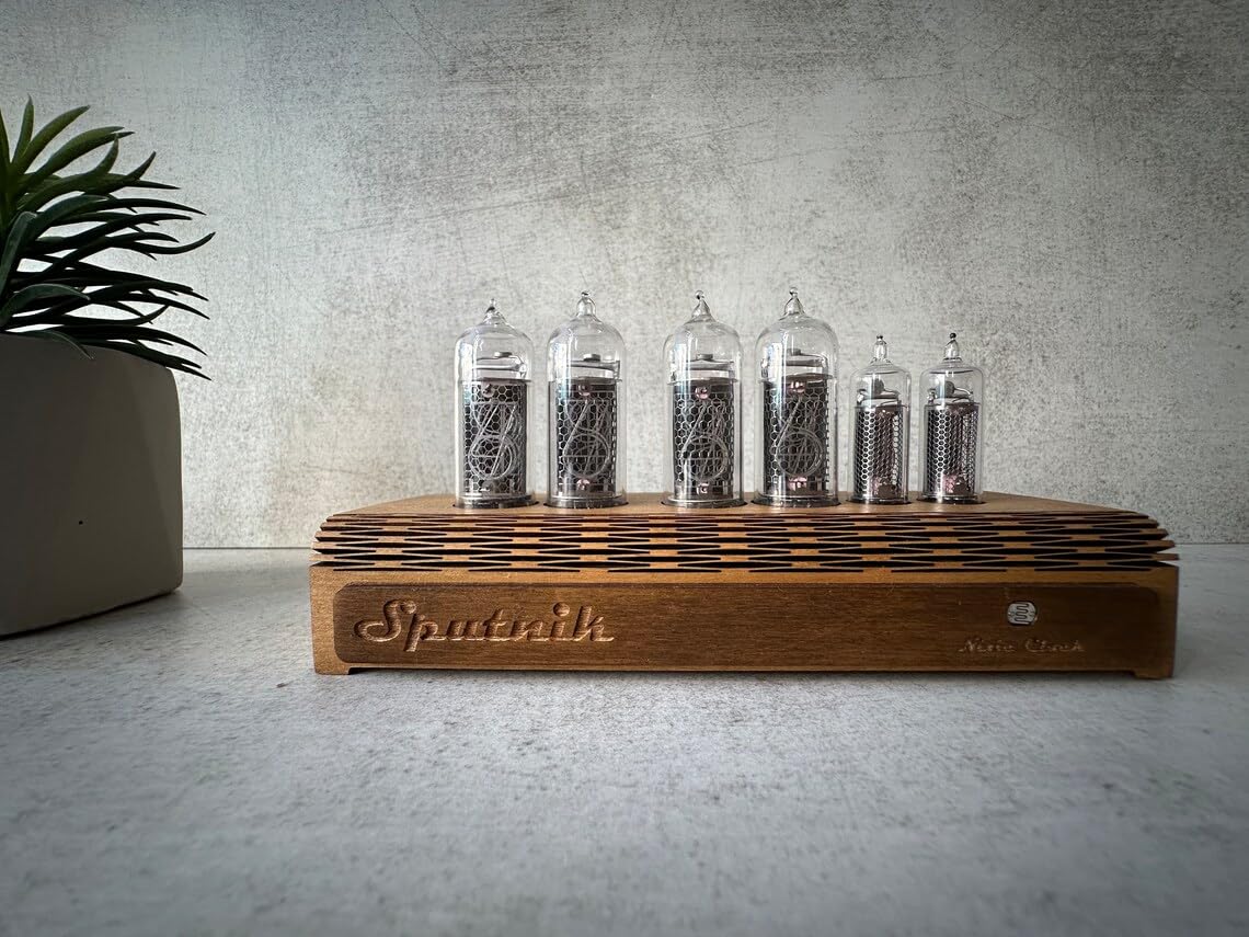 Ukraine made wooden desk clock with vintage nixie tubes
