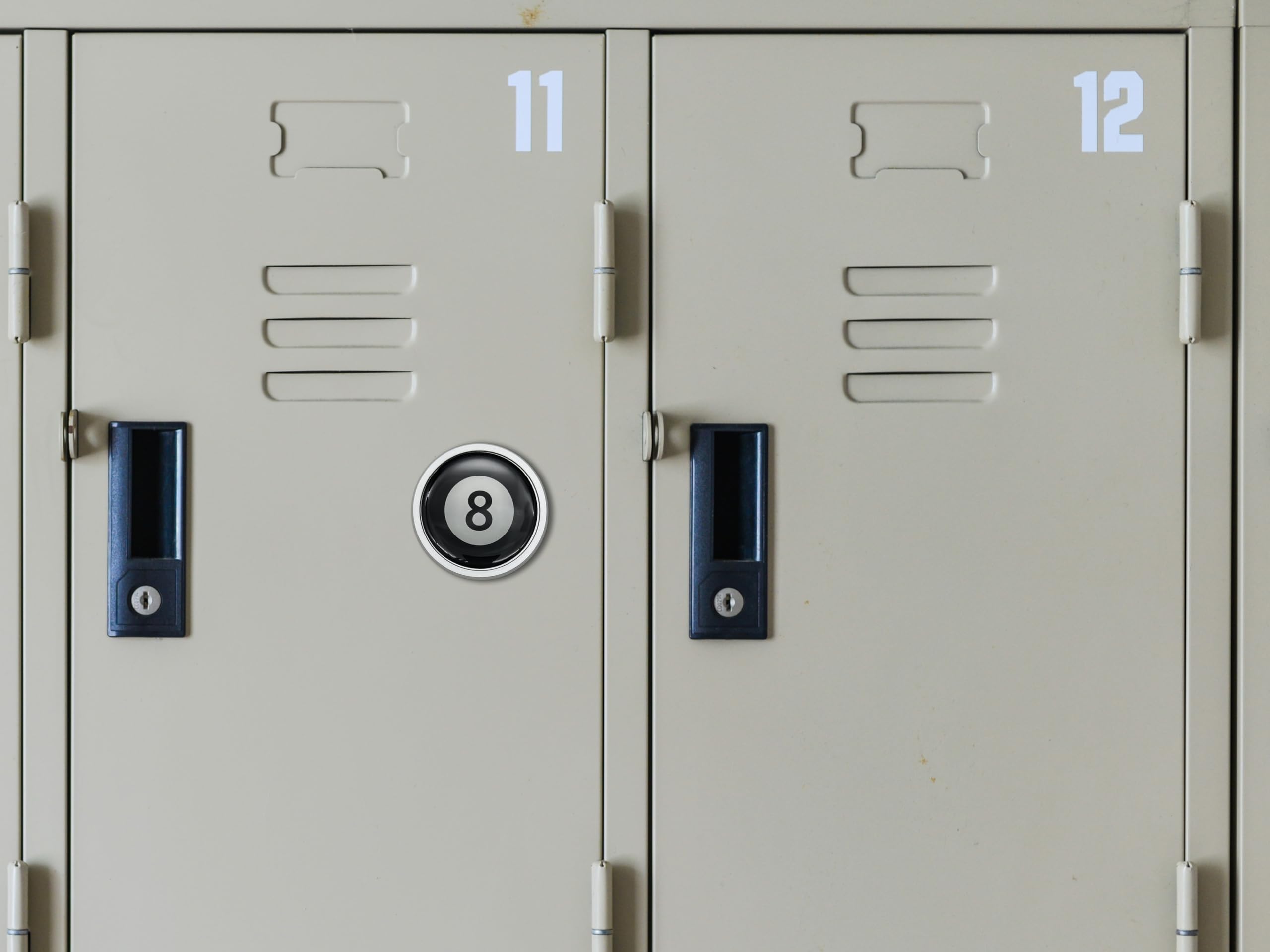 NJECT 8 Ball silver magnet attached to a filing cabinet