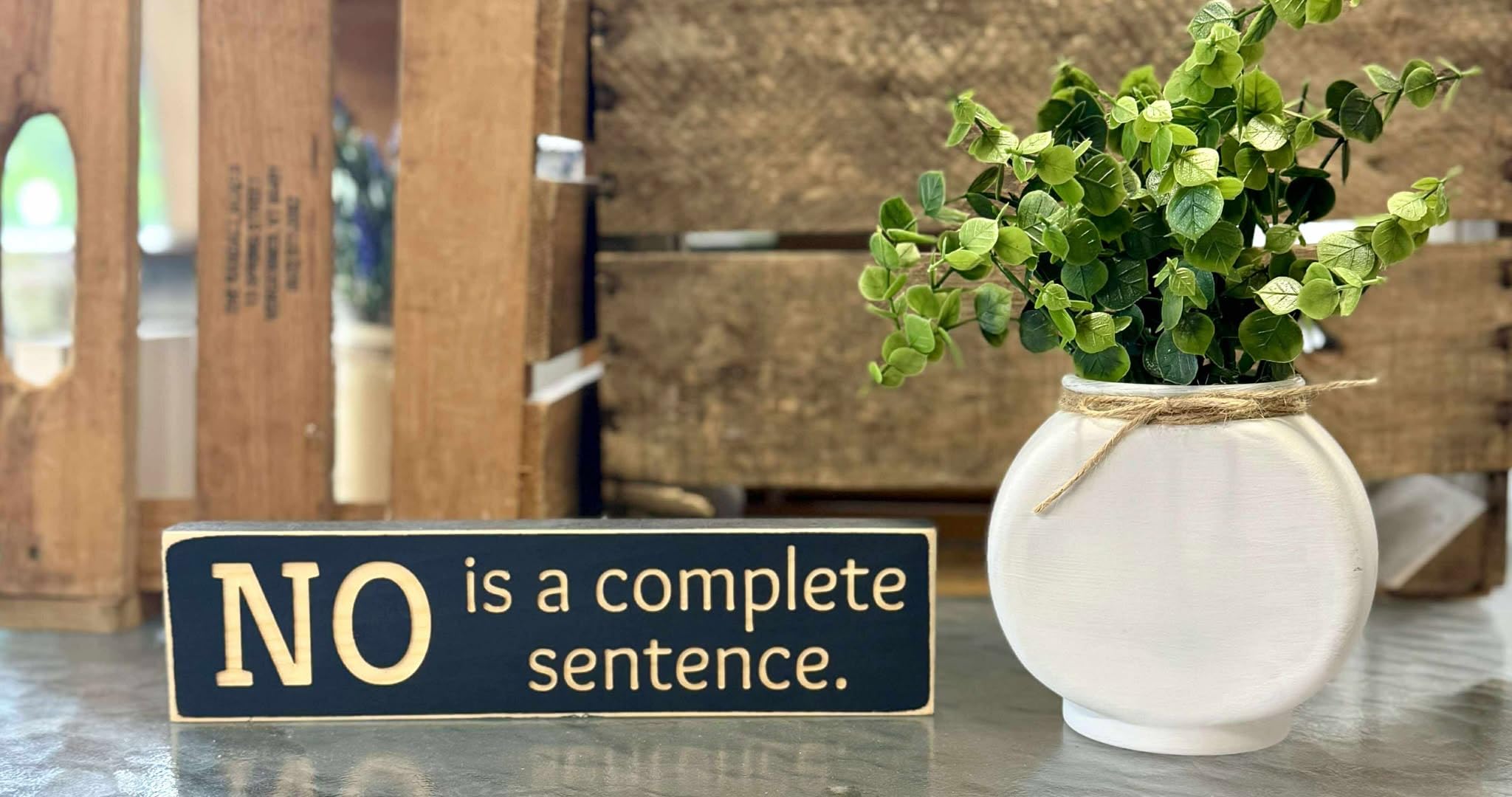 NO Is a Complete Sentence cnc carved wood block sign on black background