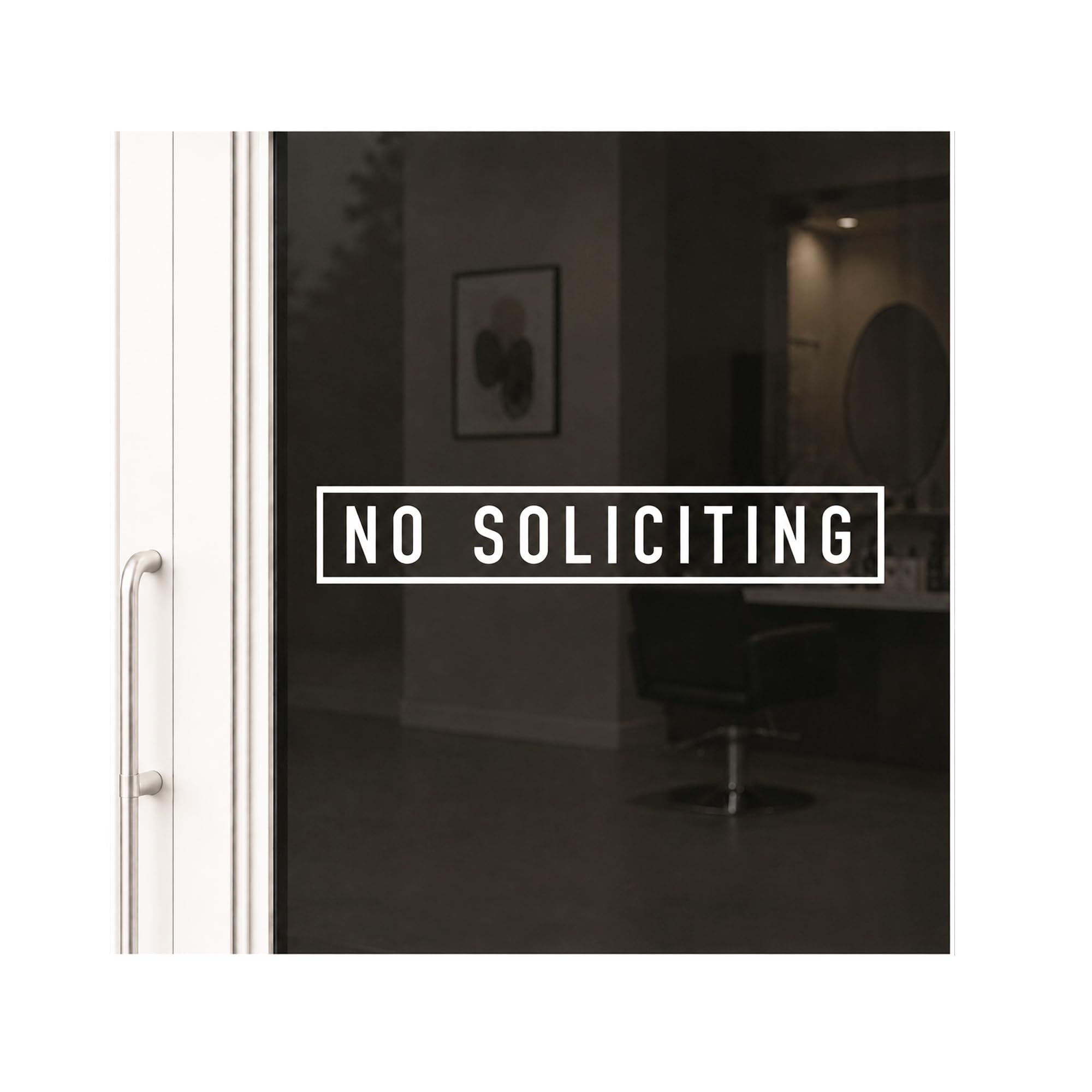 No Soliciting Glass Door Decal 13x3 white reverse-cut interior application