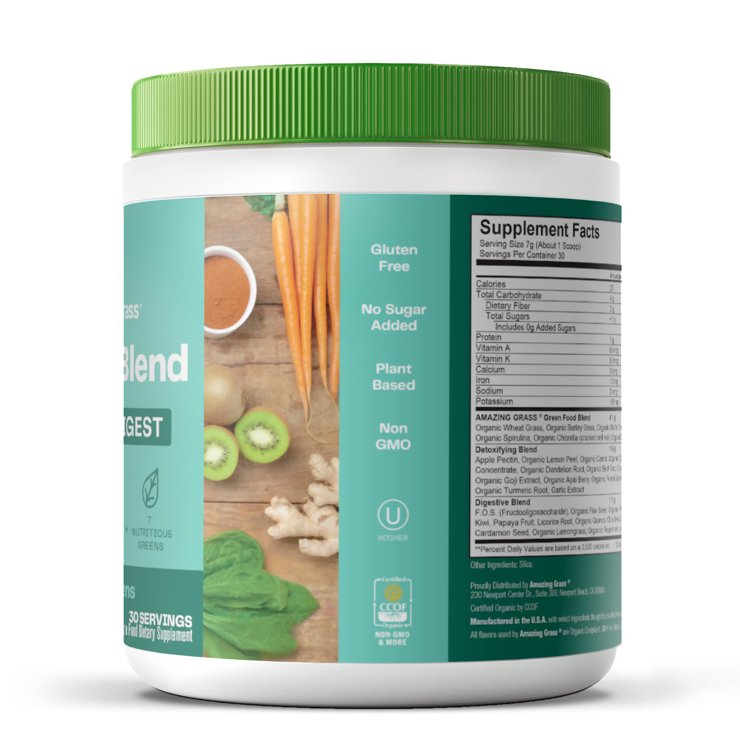 Kosher and no sugar added certifications on Amazing Grass Greens Blend