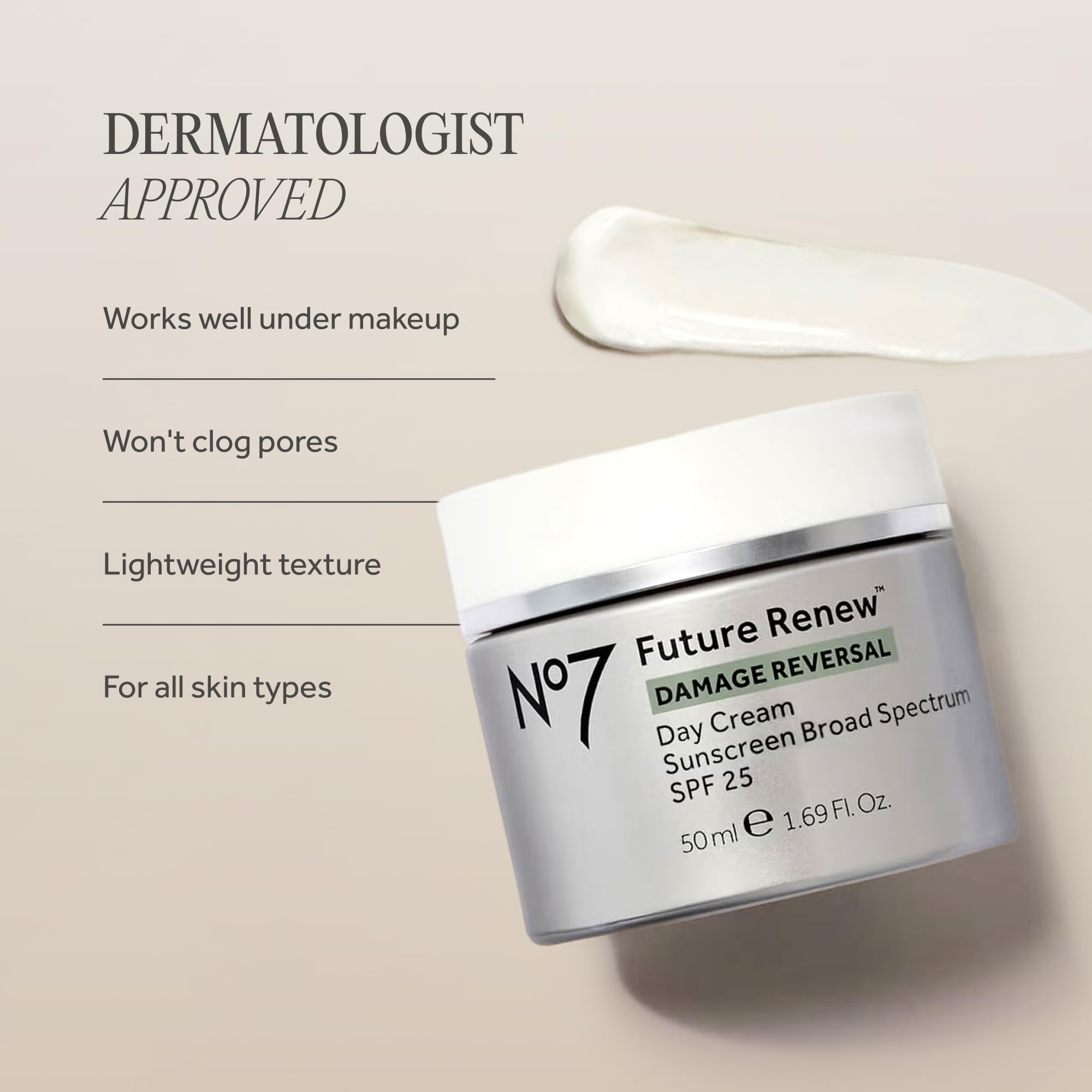 No7 SPF25 moisturizer packaging suitable under makeup
