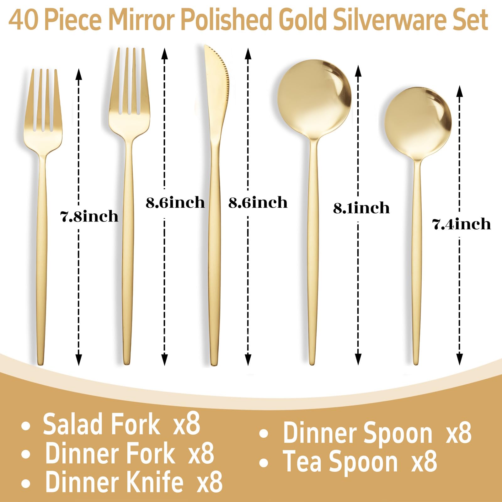 Stainless steel gold flatware by NOCCUR with knives forks and spoons