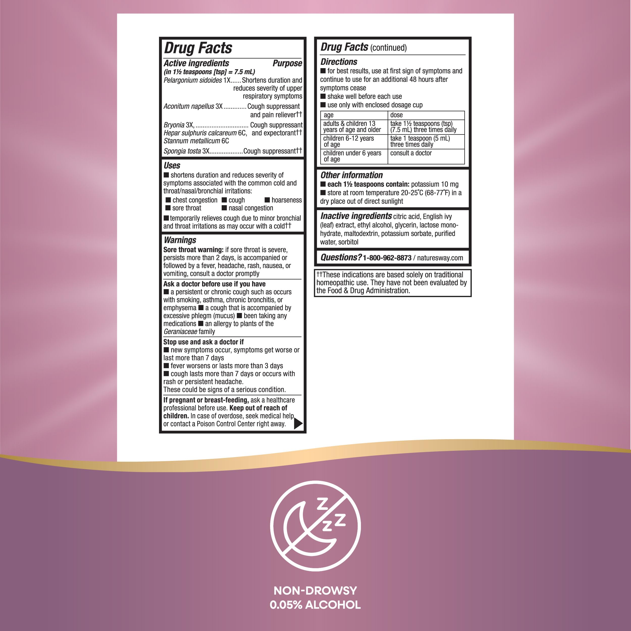 Non-drowsy cough syrup with 0.05 percent alcohol note on label