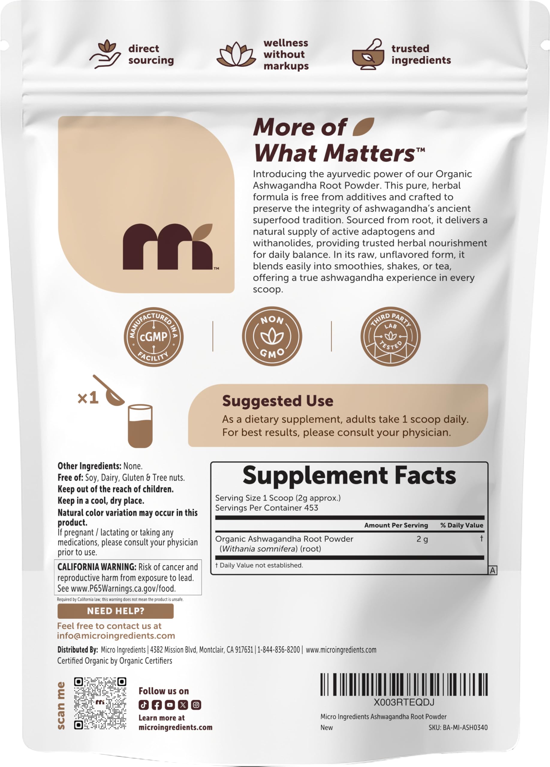 Lab tested organic Ashwagandha Root Powder non-GMO