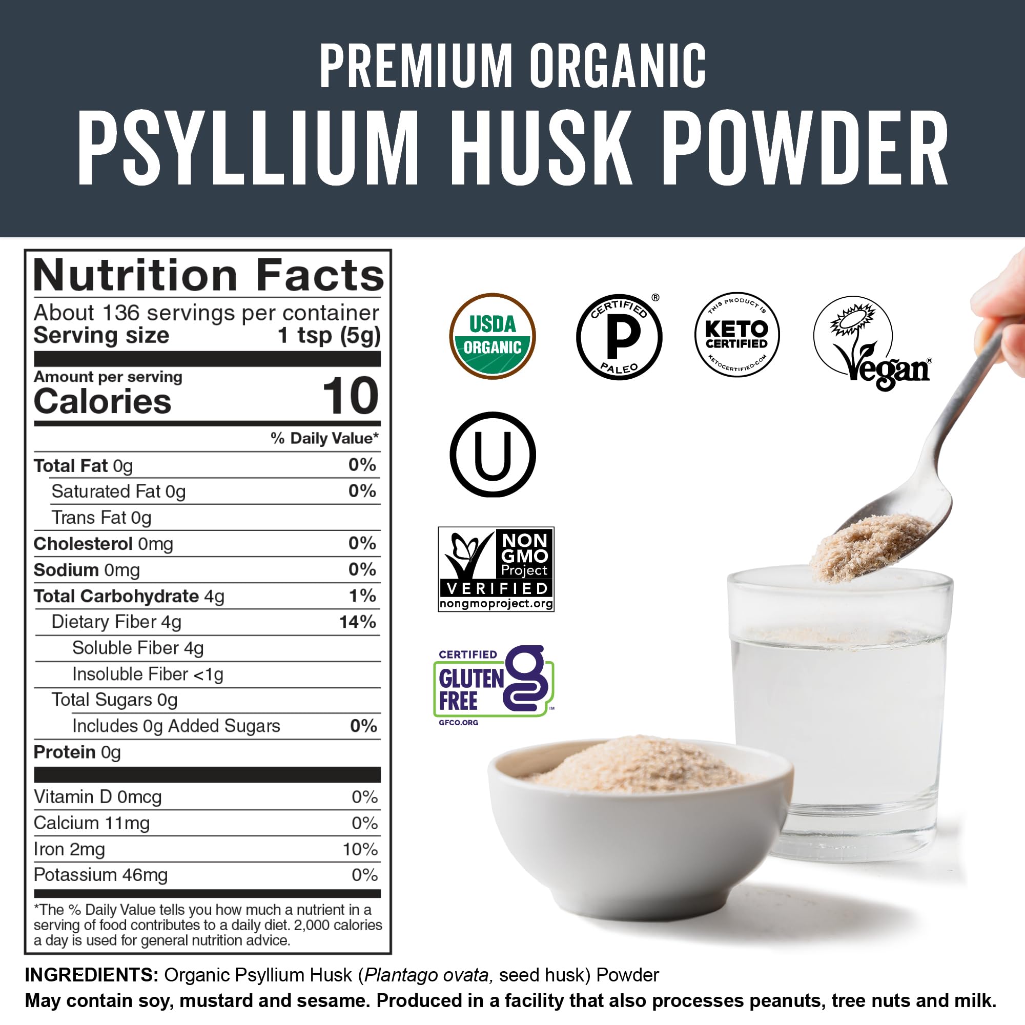 Non GMO organic psyllium husk powder 24 oz Viva Naturals